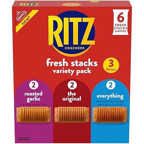 RITZ Fresh Stacks Original, Everything, and Garlic Butter Crackers Variety Pack, Travel Snacks, 8.85 oz (6 Multi Snack Packs)