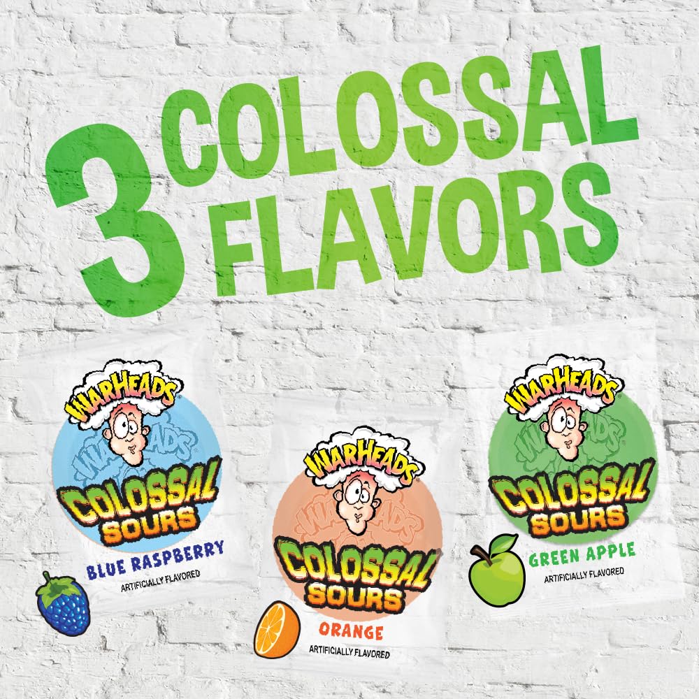WARHEADS Colossal Sours - Giant Sour and Sweet Candy with a Tangy Crunch - Intense Fruit Flavors - Blue Raspberry, Orange & Green Apple - 1 lb. Bag