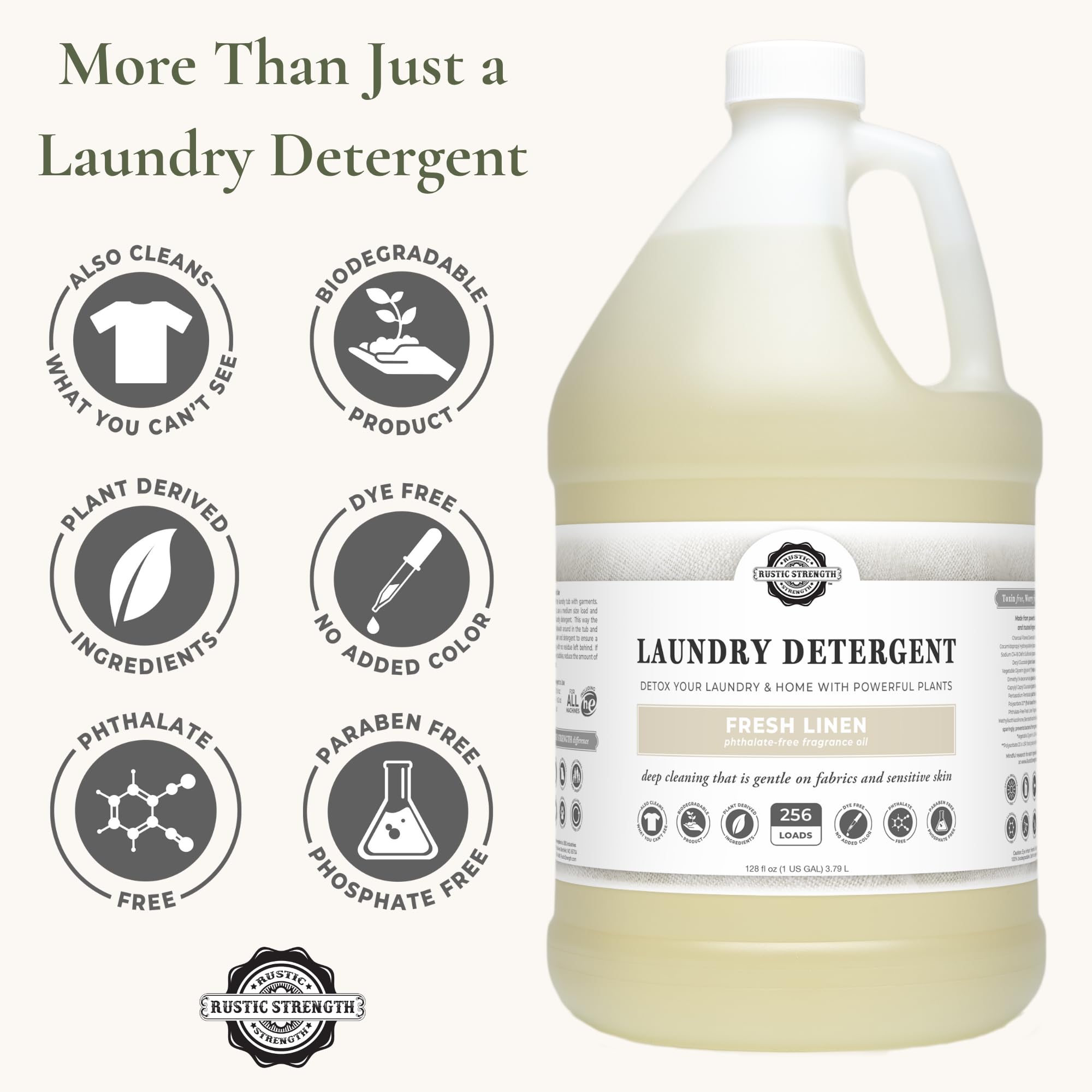 Rustic Strength Natural Laundry Detergent, Fresh Linen Scent, Liquid, Color Safe, Sensitive Skin, HE Compatible, 1 Gallon Plastic