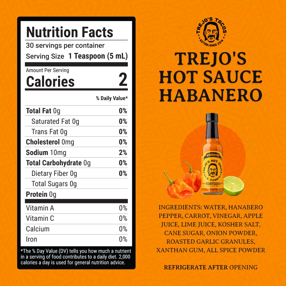 Trejo's Habanero Hot Sauce | Bold & Smoky with Sweet Carrot, Onion & Garlic | Handcrafted in USA | Vegetarian & Non-GMO | Perfect for Marinades
