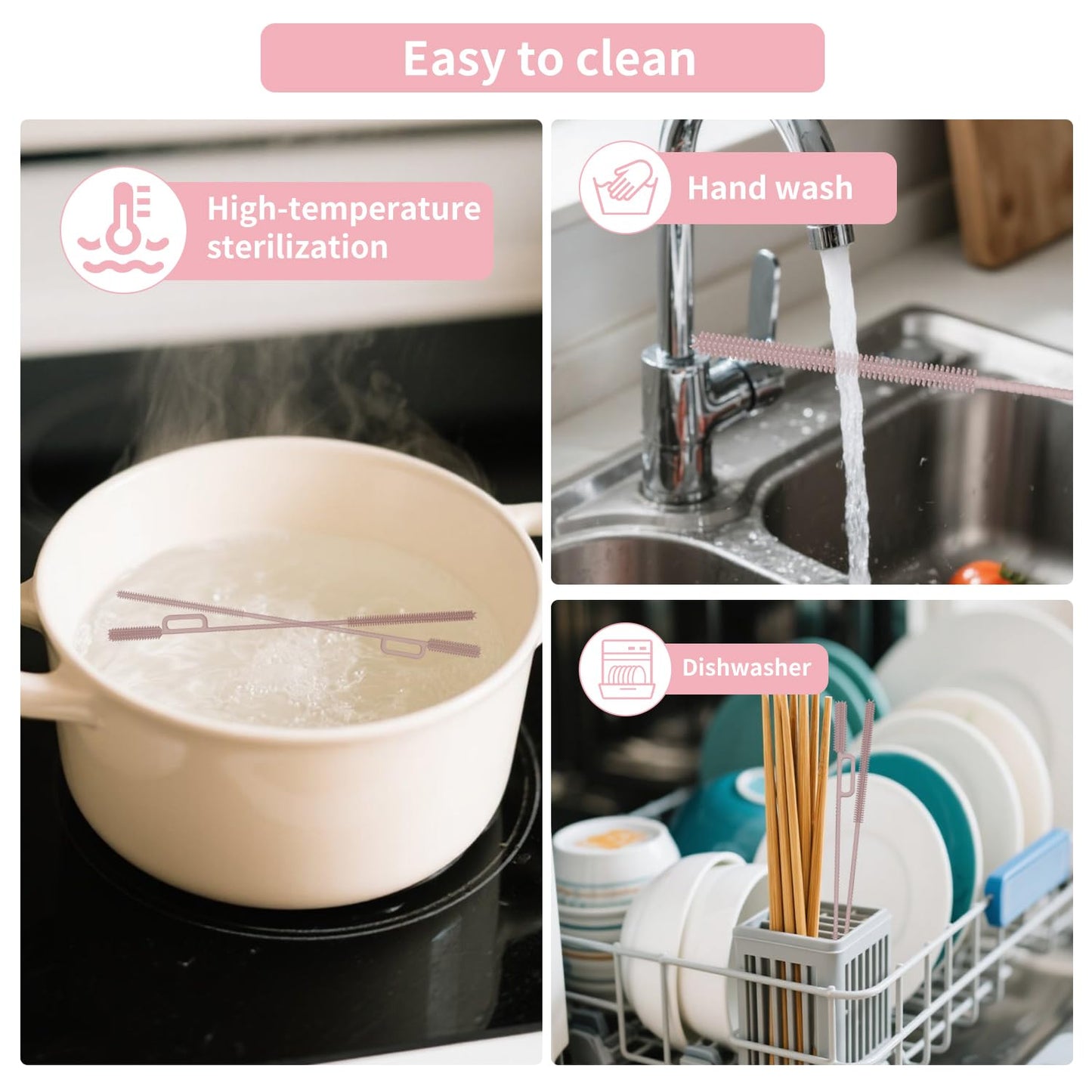 vodvob 2Pcs Premium Silicone Straw Cleaner Brush, 9.84in Extra Long Flexible Straw Cleaning Tool for Glass & Smoothie Straws (Pink, 6mm/9mm)