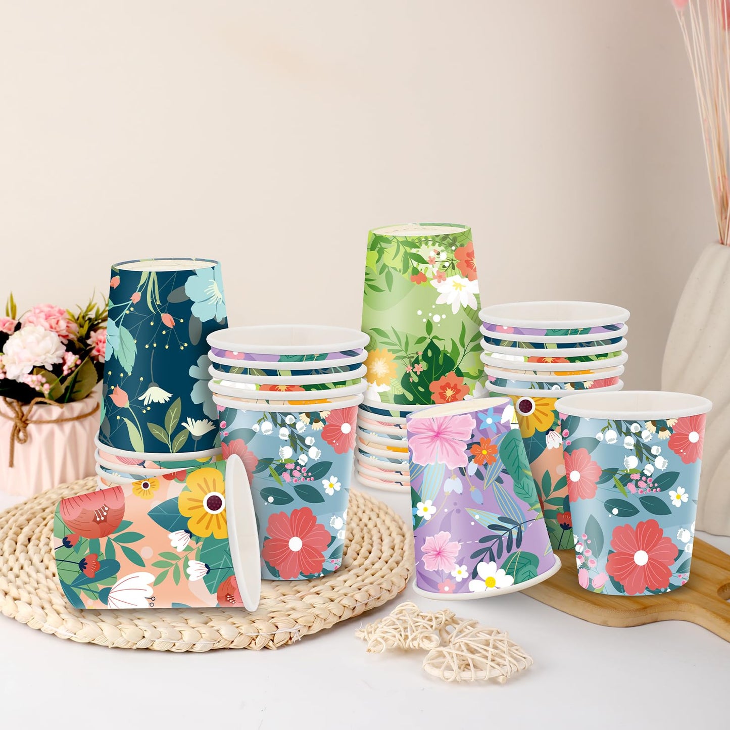 Disposable Paper Cup 9oz 48 Pcs - 6 Unique Floral Designs Drinking Cup, Perfect for Spring Birthday Parties, Easter, Bridal Showers, Weddings, Tea