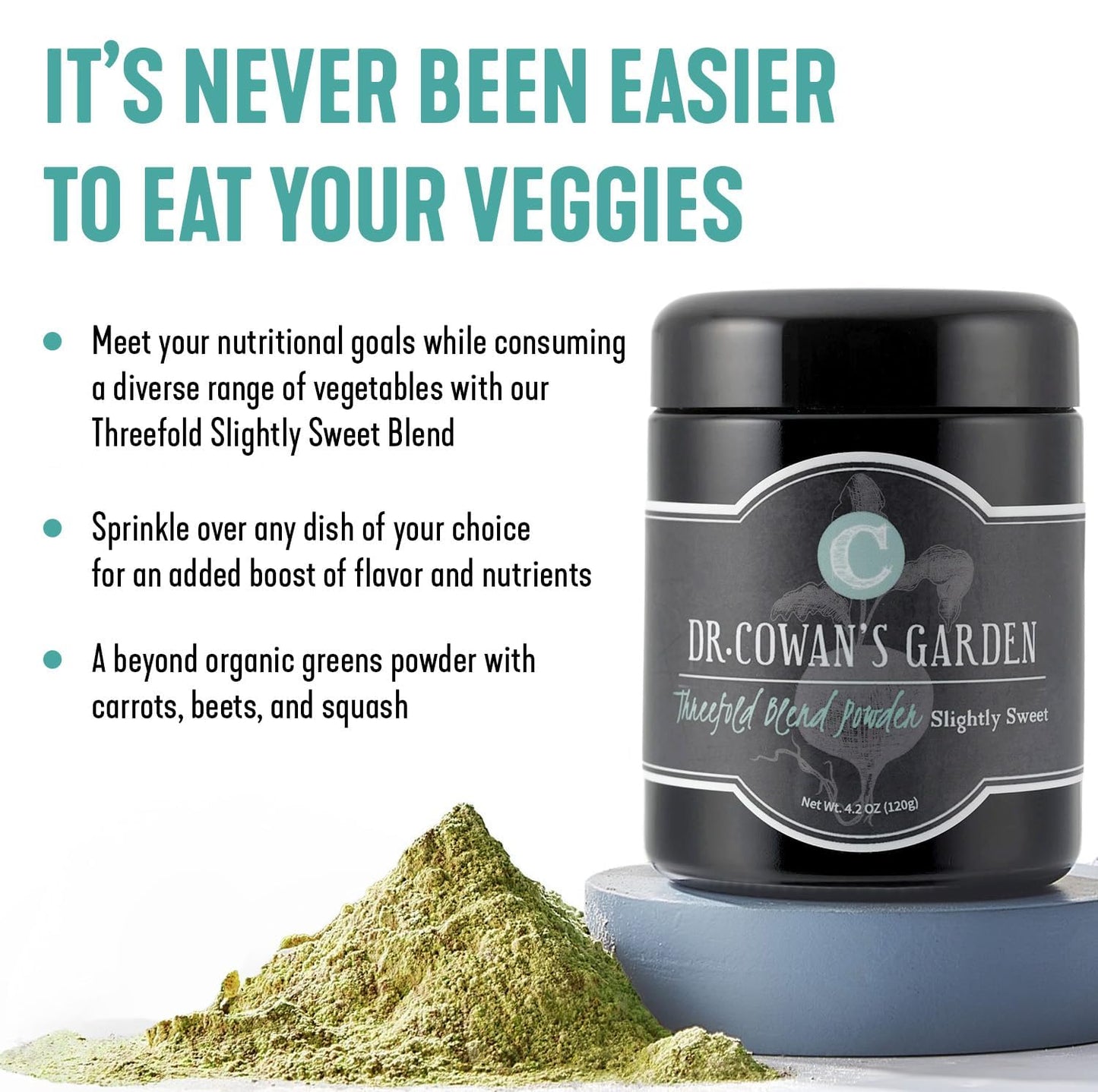 Dr. Cowan’s Garden Threefold Slightly Sweet Vegetable Powder, Greens Powder with Organic Carrots, Beets, Swiss Chard, Kale, Organic Veggie Supplement