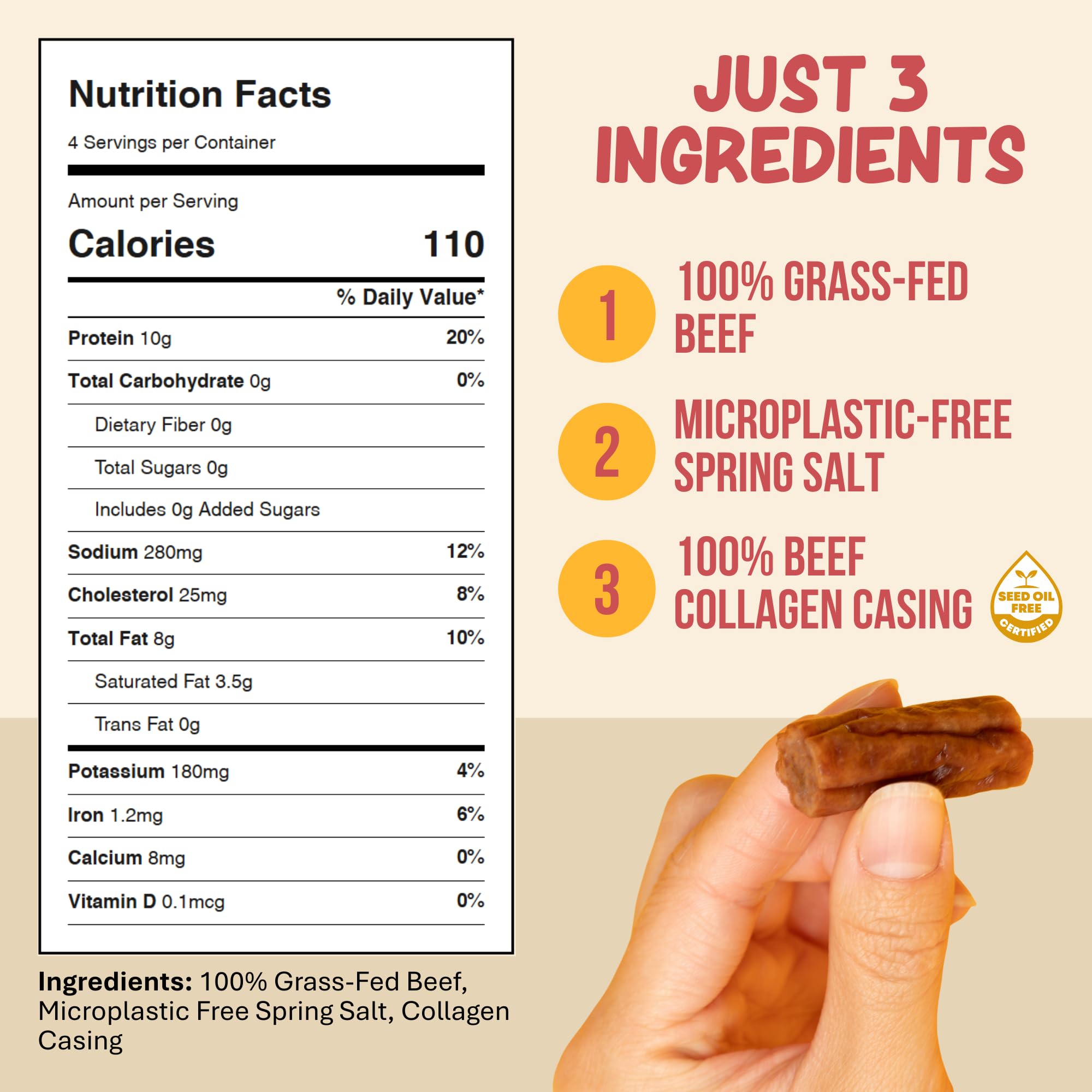 Grazly Plain Beef Stick Ends - Made With Only Grass-Fed Beef, Spring Salt & Collagen Casing - Bite-Sized High-Protein Meat Snack, 10g of Protein Per