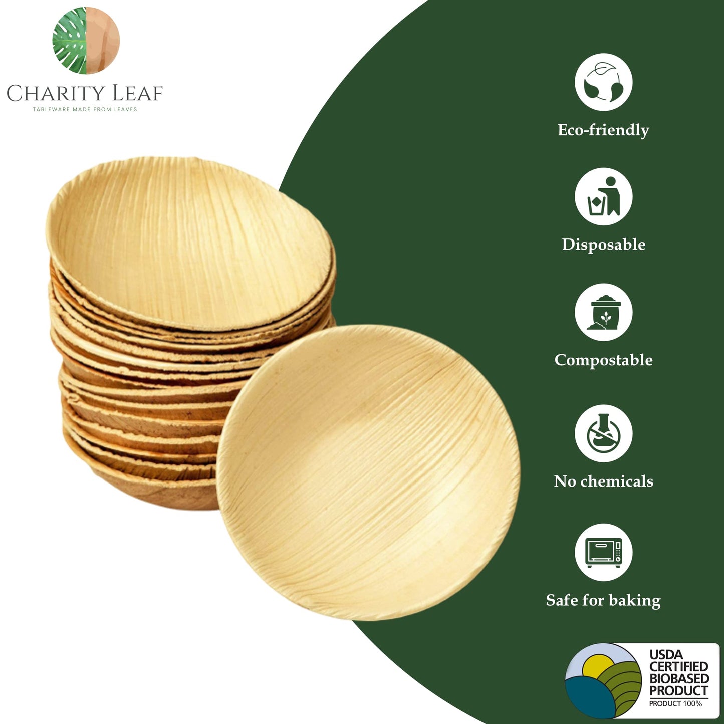 Charity Leaf Disposable Palm Leaf 3.5" Round Mini Bowl (25 pcs) Dipping Bowls | Bamboo Like| All Natural and Biodegradable | Charcuterie Boards, BBQs