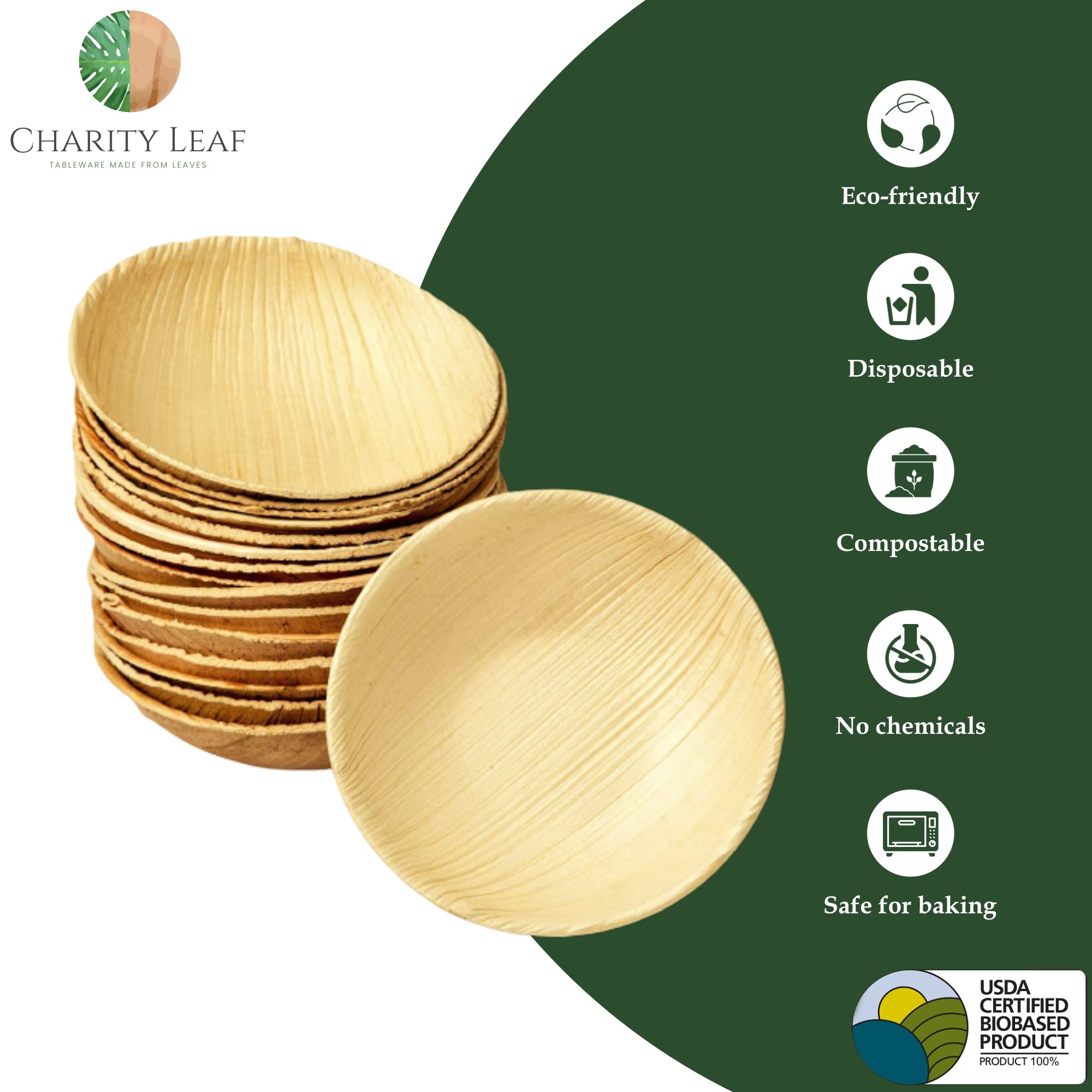 Charity Leaf Disposable Palm Leaf 3.5" Round Mini Bowl (25 pcs) Dipping Bowls | Bamboo Like| All Natural and Biodegradable | Charcuterie Boards, BBQs