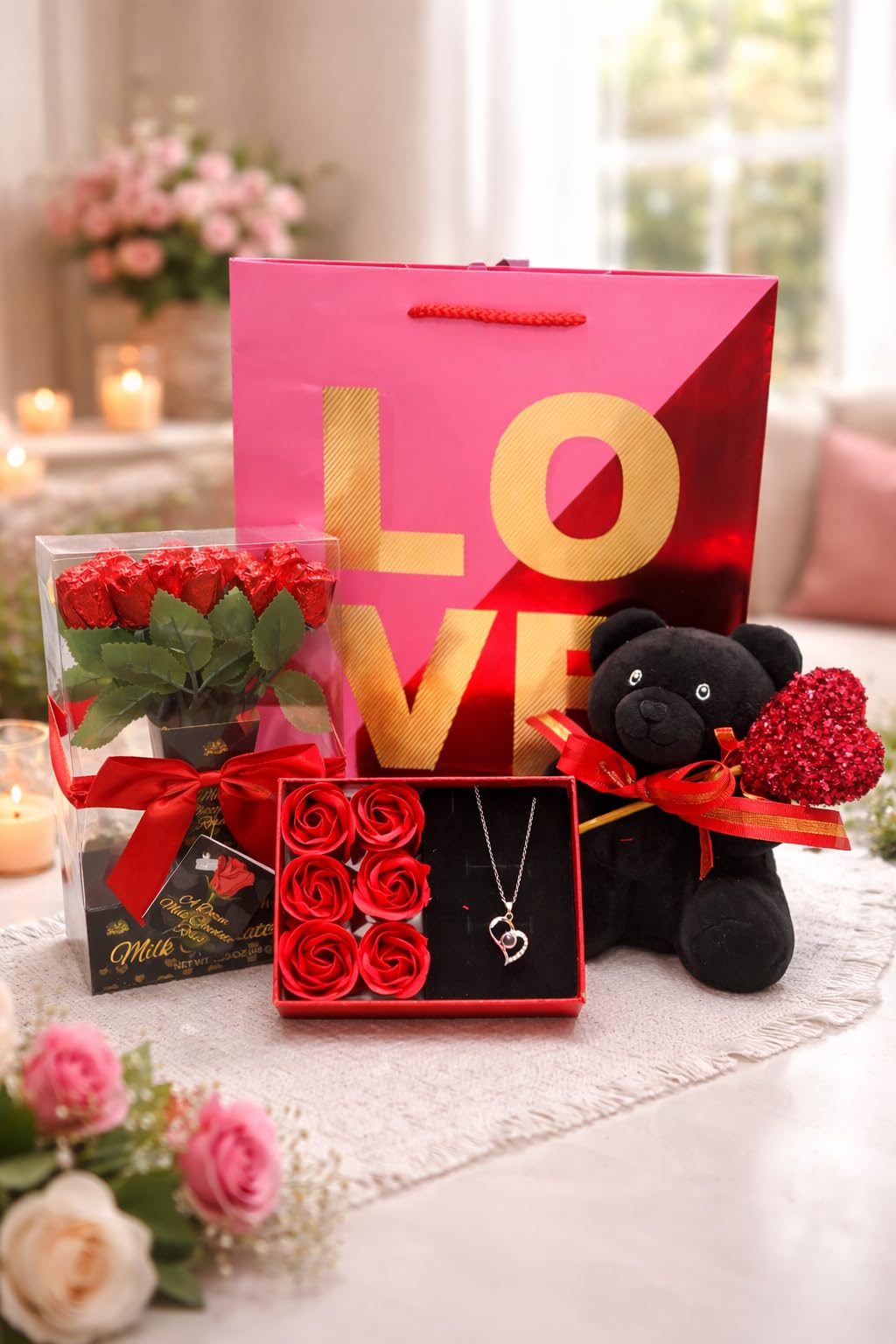 Bailey Exceeds Romantic Valentine Gift Set - Includes Heart Necklace, Plush Bear Keepsake & Decorative Gift Bag