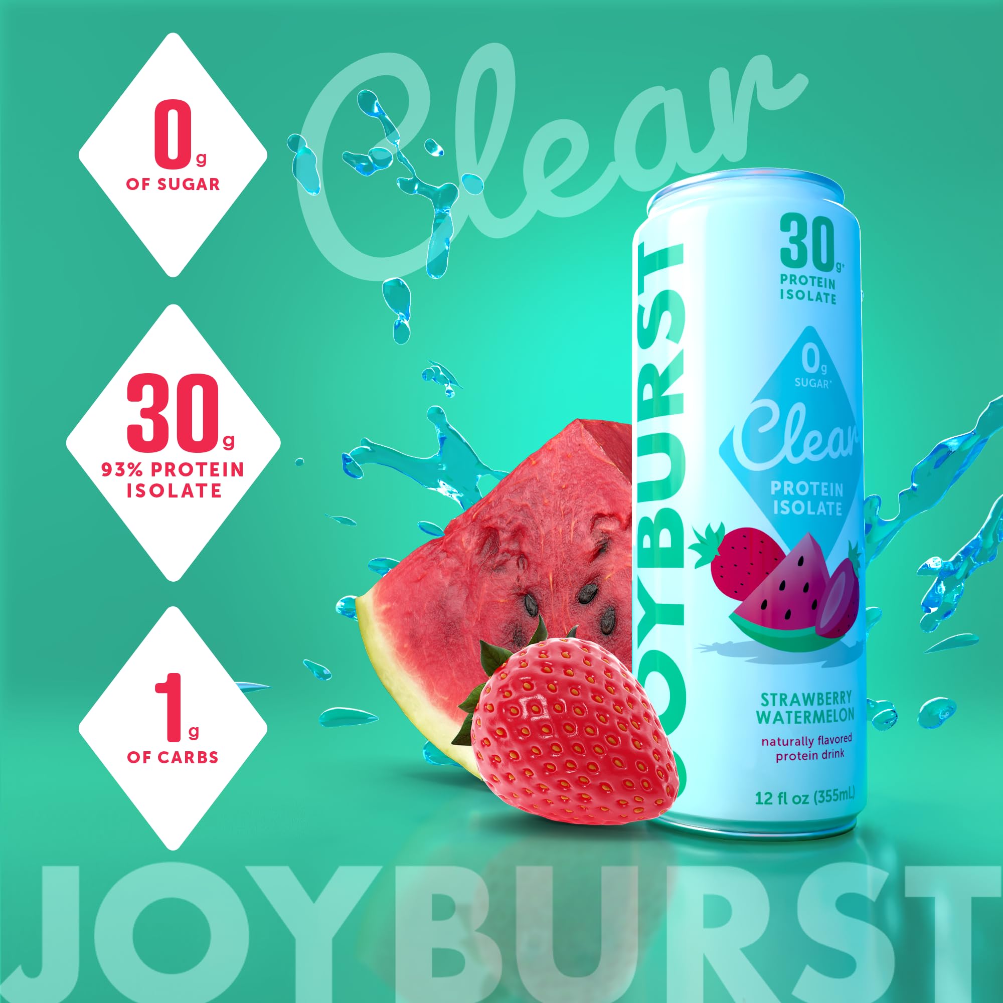 *NEW* Joyburst Clear Protein Isolate Beverage - Strawberry Watermelon Flavour, 30g of Protein, 0g of Sugar (4 count)