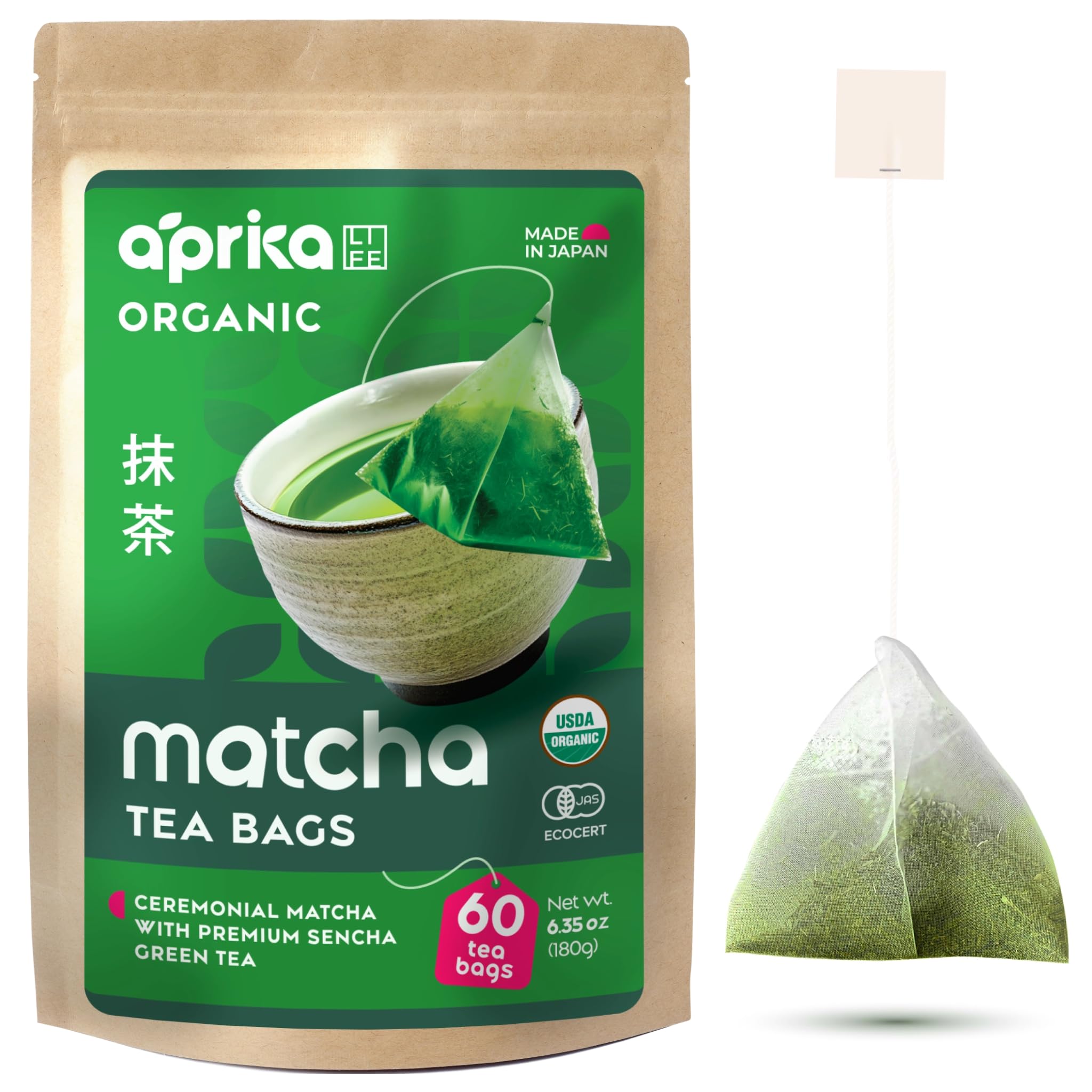 Organic Japanese Matcha Green Tea Bags - Ceremonial Grade Matcha Powder and 1st Harvest Spring Sencha Blend for Unforgettable Taste - 60 Tea Pyramids