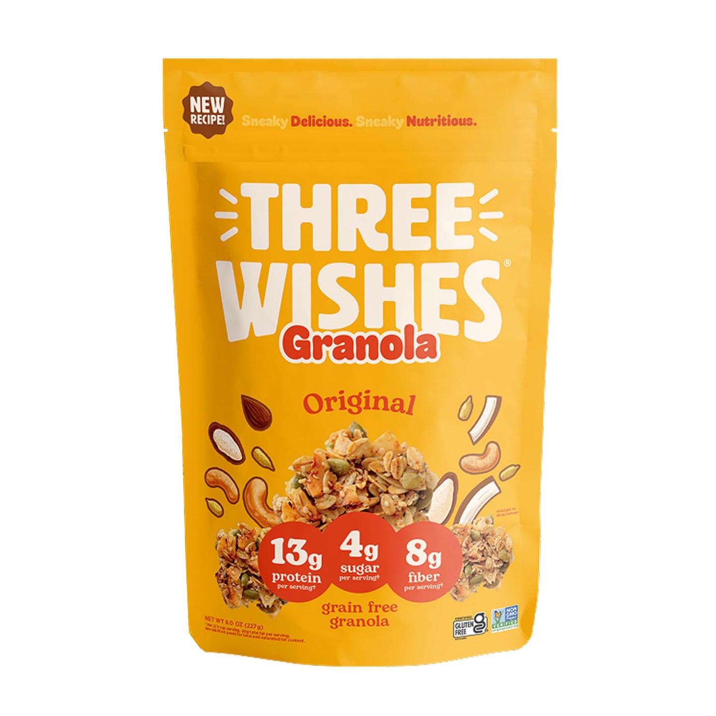 Three Wishes Granola, Original (8-Pack) - Gluten Free Granola, 6g Protein & 3g Sugar Healthy Breakfast & On-the-Go Snack - Vegan, Kosher & Grain-Free