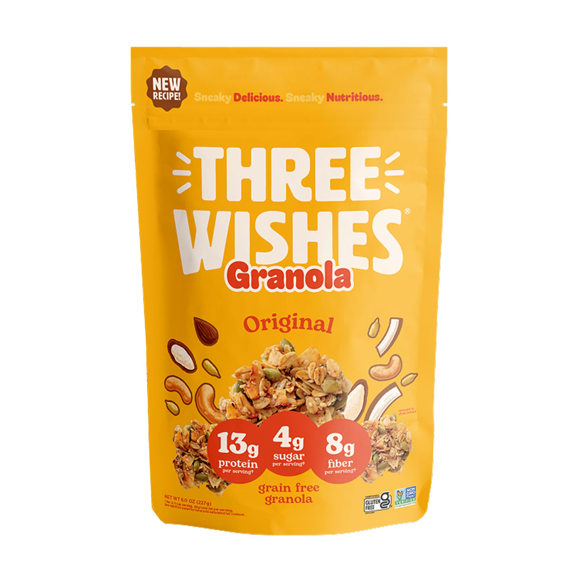 Three Wishes Granola, Original (8-Pack) - Gluten Free Granola, 6g Protein & 3g Sugar Healthy Breakfast & On-the-Go Snack - Vegan, Kosher & Grain-Free