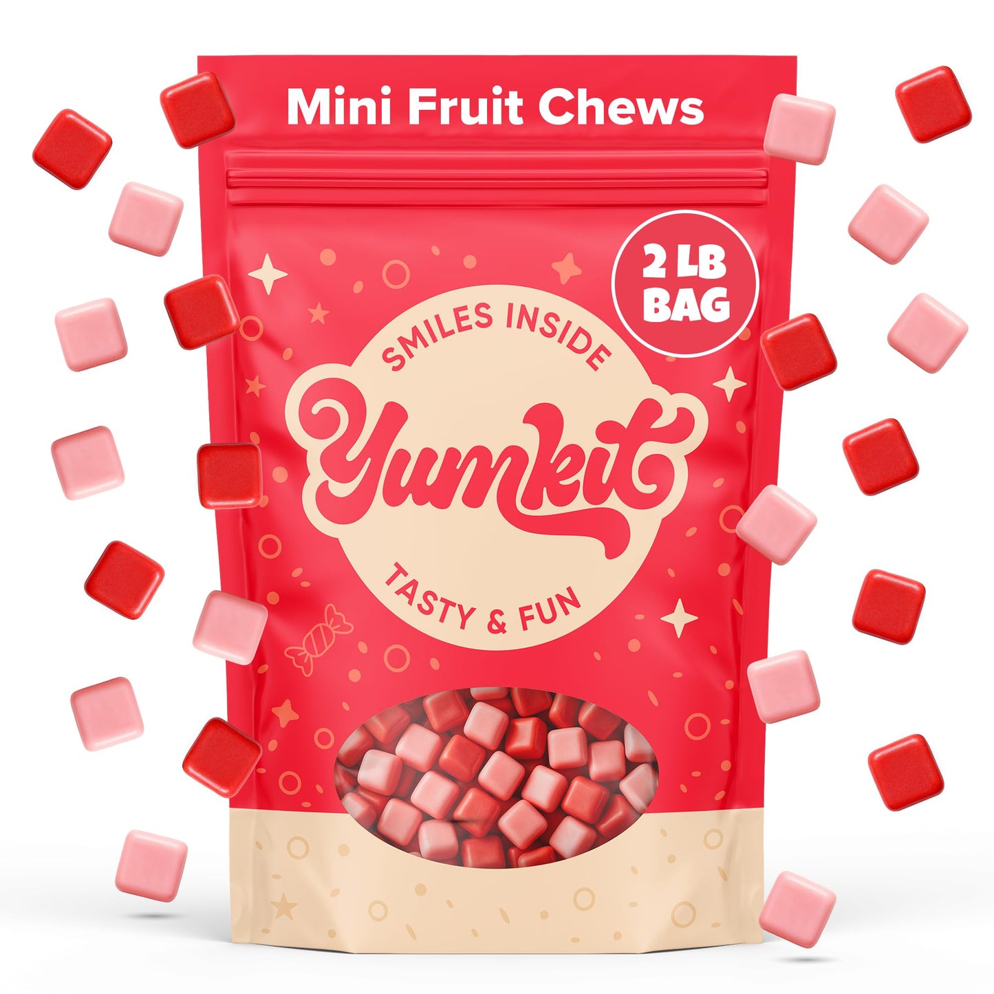 Fruit Chews Candy 2 lbs | Assorted Flavor Strawberry, Fruit Punch, Watermelon & Cherry | Unwrapped Pink Candy in Bulk | Big Bag of Mini Candies |