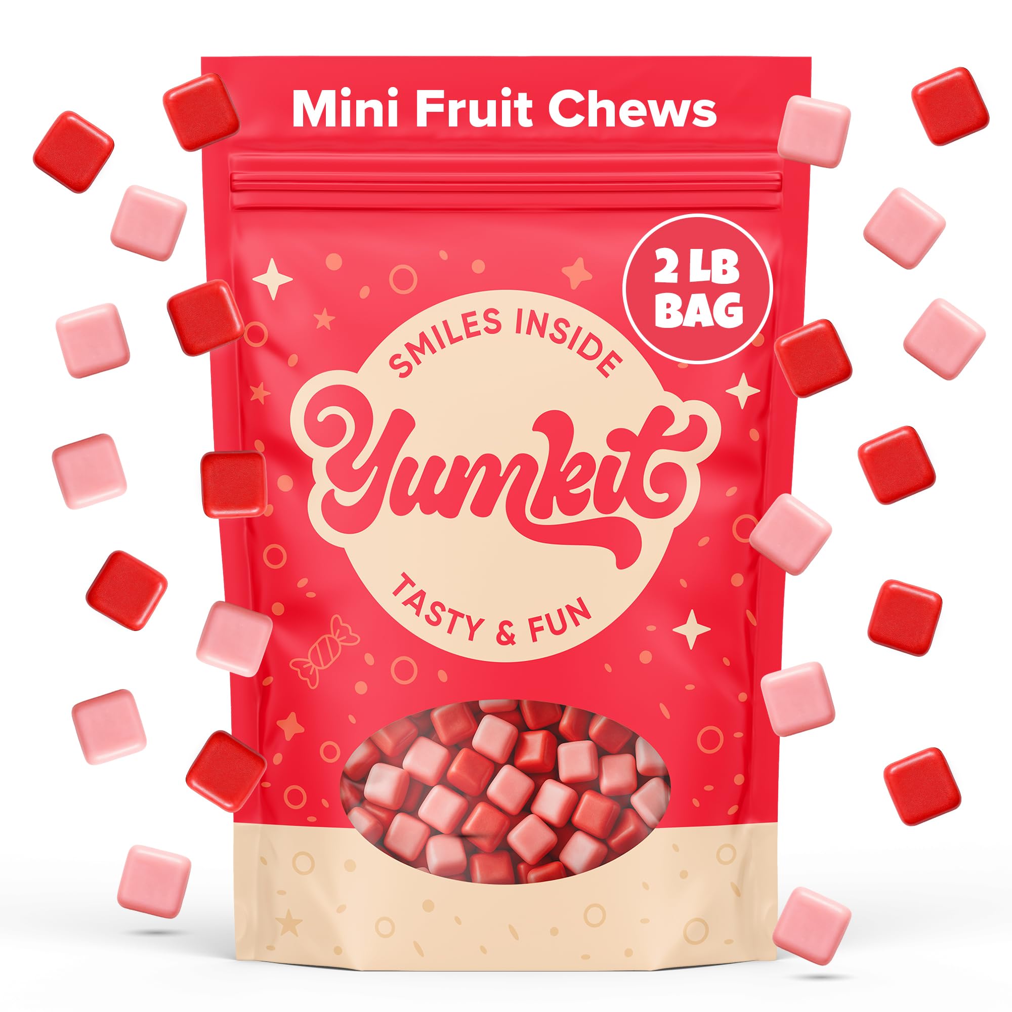 Fruit Chews Candy 2 lbs | Assorted Flavor Strawberry, Fruit Punch, Watermelon & Cherry | Unwrapped Pink Candy in Bulk | Big Bag of Mini Candies |