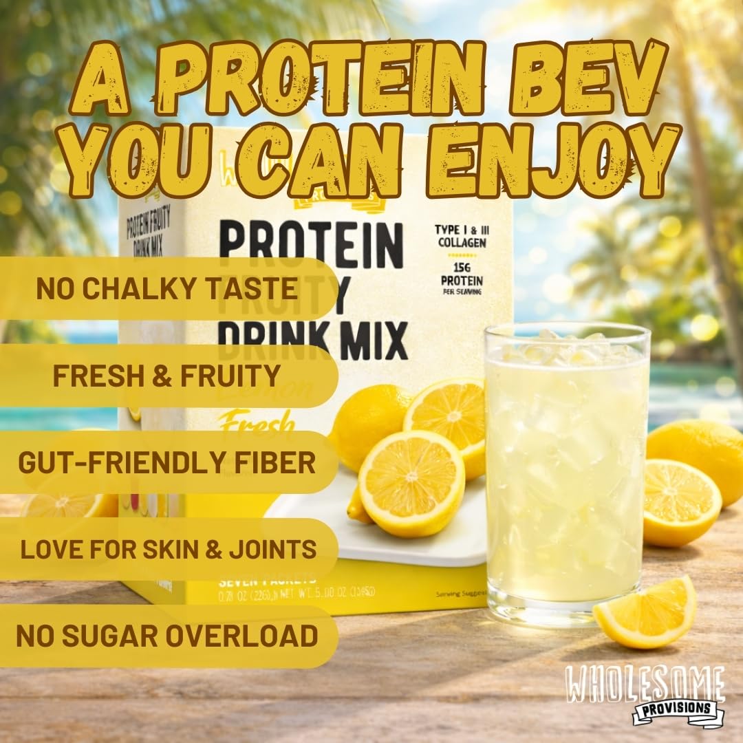 Protein Fruit Drink Mix, 15g Clear Protein, Low Sugar, Collagen + Prebiotics, No Artificial Colors or Dyes, Refreshing by Wholesome Provisions (Pack