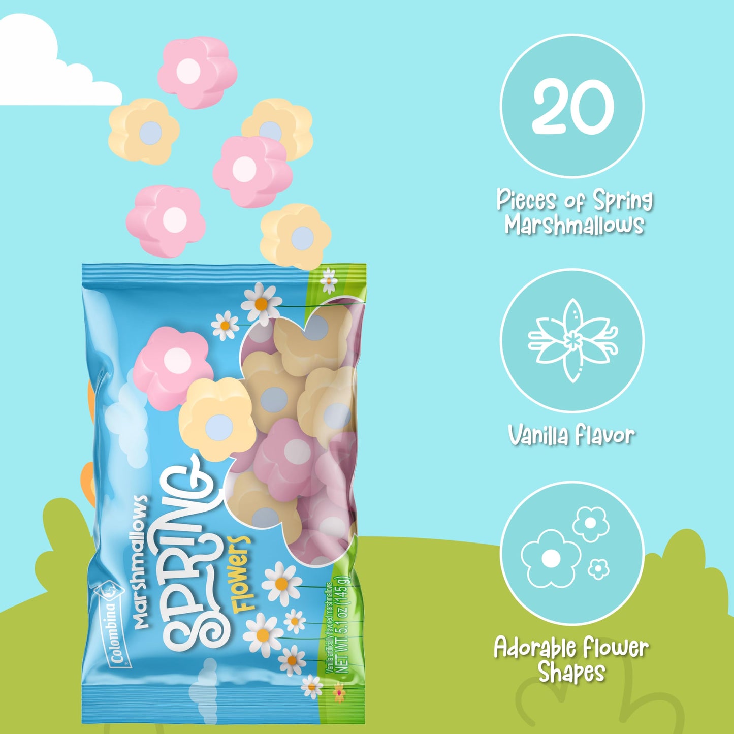 Colombina Spring Flower Marshmallows, Easter Candy for Kids and Teens, Vanilla Pastel Easter Basket Stuffers for Decorating & Snacking, 5.1 oz (Pack