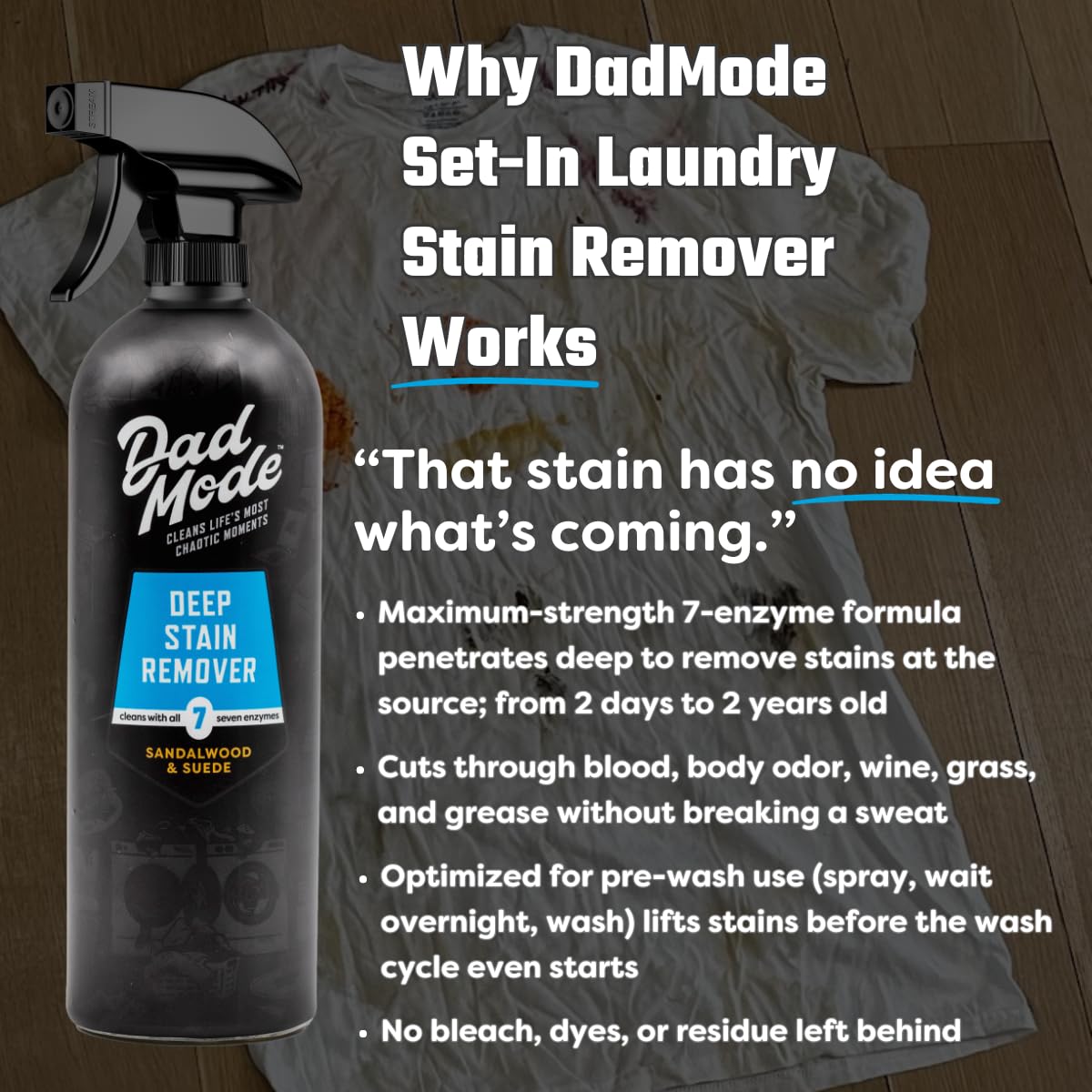 DadMode 7-Enzyme Deep Stain Remover - Heavy Duty Laundry Odor Eliminator for Extreme Clothing Messes Powered by Nuclease (DNAse) - 16oz Refillable