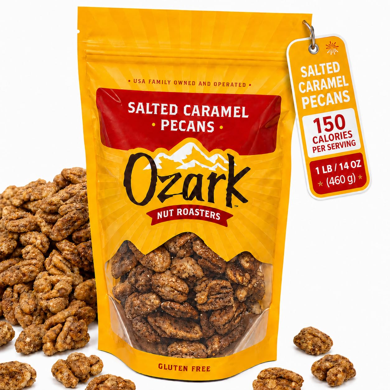 OZARK NUT ROASTERS, Salted Caramel Pecans, Sweet & Salty Flavored Snacks, World-Class Gourmet Candied Nuts, Resealable Pack of 1 (14 Ounces)
