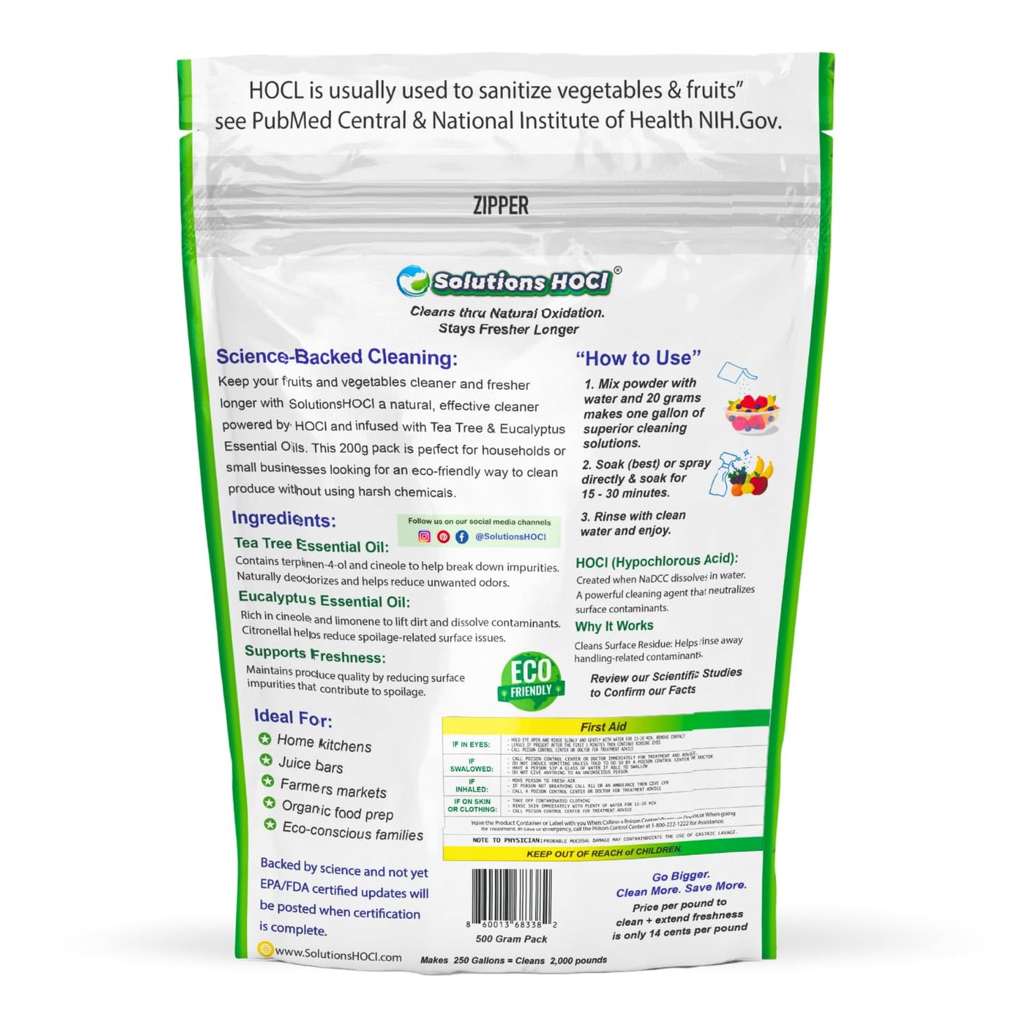 Solutions HOCL - Vegetable and Fruit Cleaner - 500Grams Pack