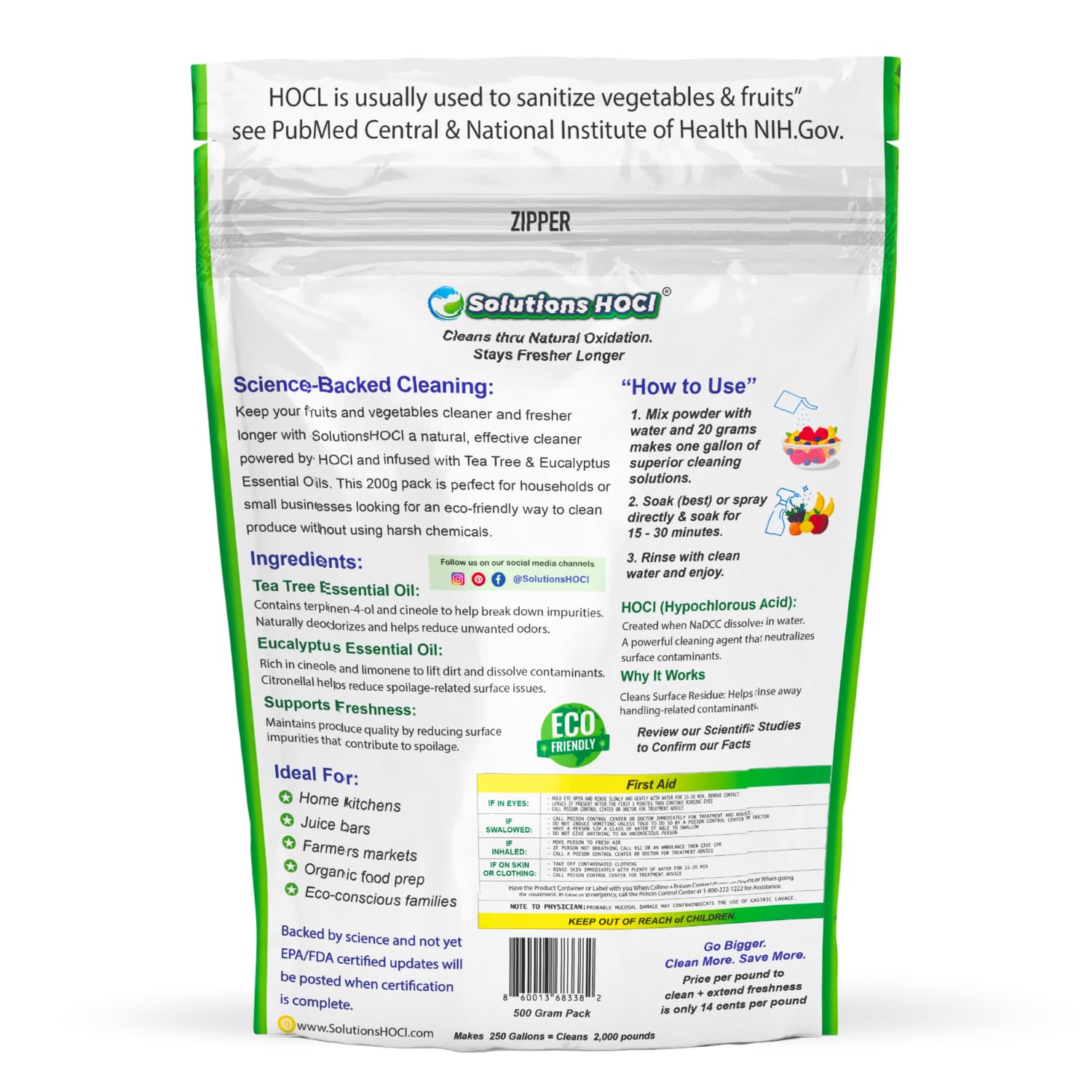 Solutions HOCL - Vegetable and Fruit Cleaner - 500Grams Pack