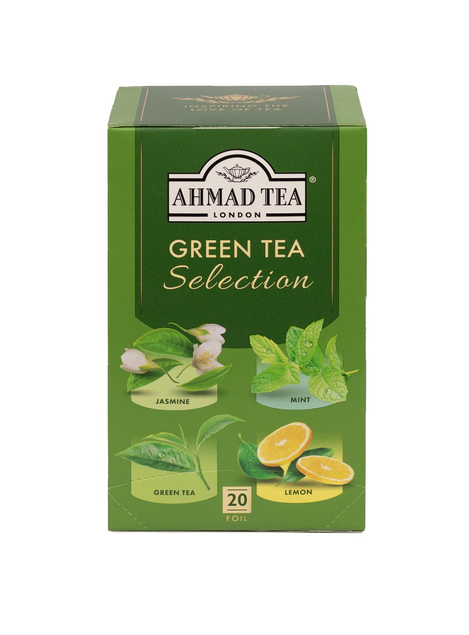 Ahmad Tea Green Tea, Green Tea Selection, Lemon Green Tea, Jasmine Green Tea, Mint Green Tea, & Green Tea Teabags, 20 ct (Pack of 1) - Caffeinated