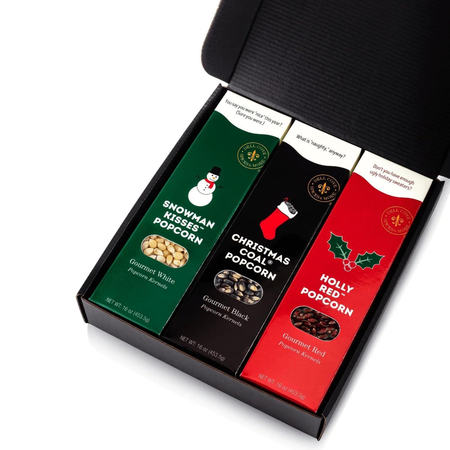 Dell Cove Spices Christmas Popcorn Trio Gift Box | Set of 3 Gourmet X-Mas Kernels | Stocking Stuffer and Unique Holiday Gifts