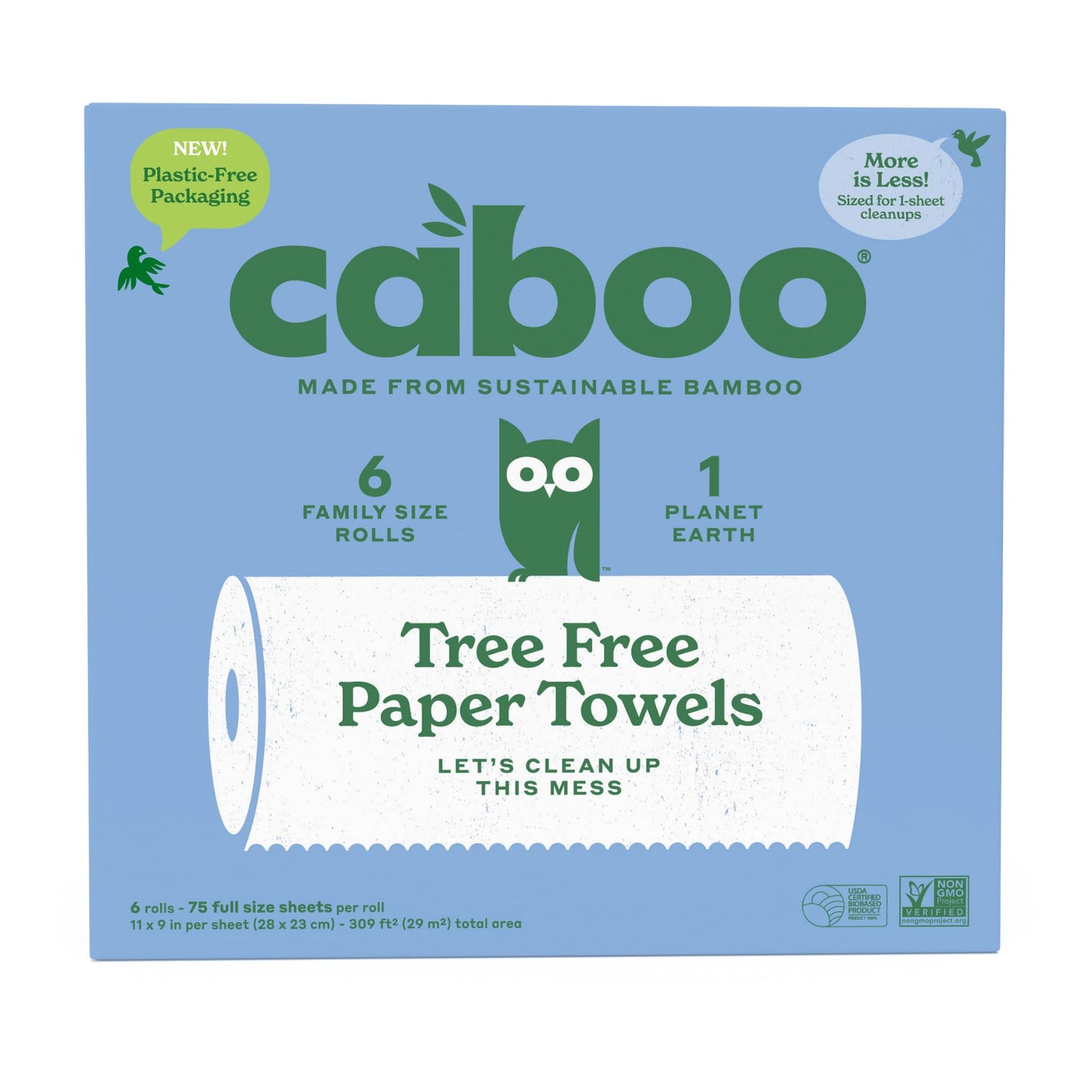 Caboo Tree Free Paper Towels, 6 Rolls, Plastic Free & Eco Friendly, Earth Friendly, Sustainable Kitchen Paper Towels with Strong 2 Ply Sheets