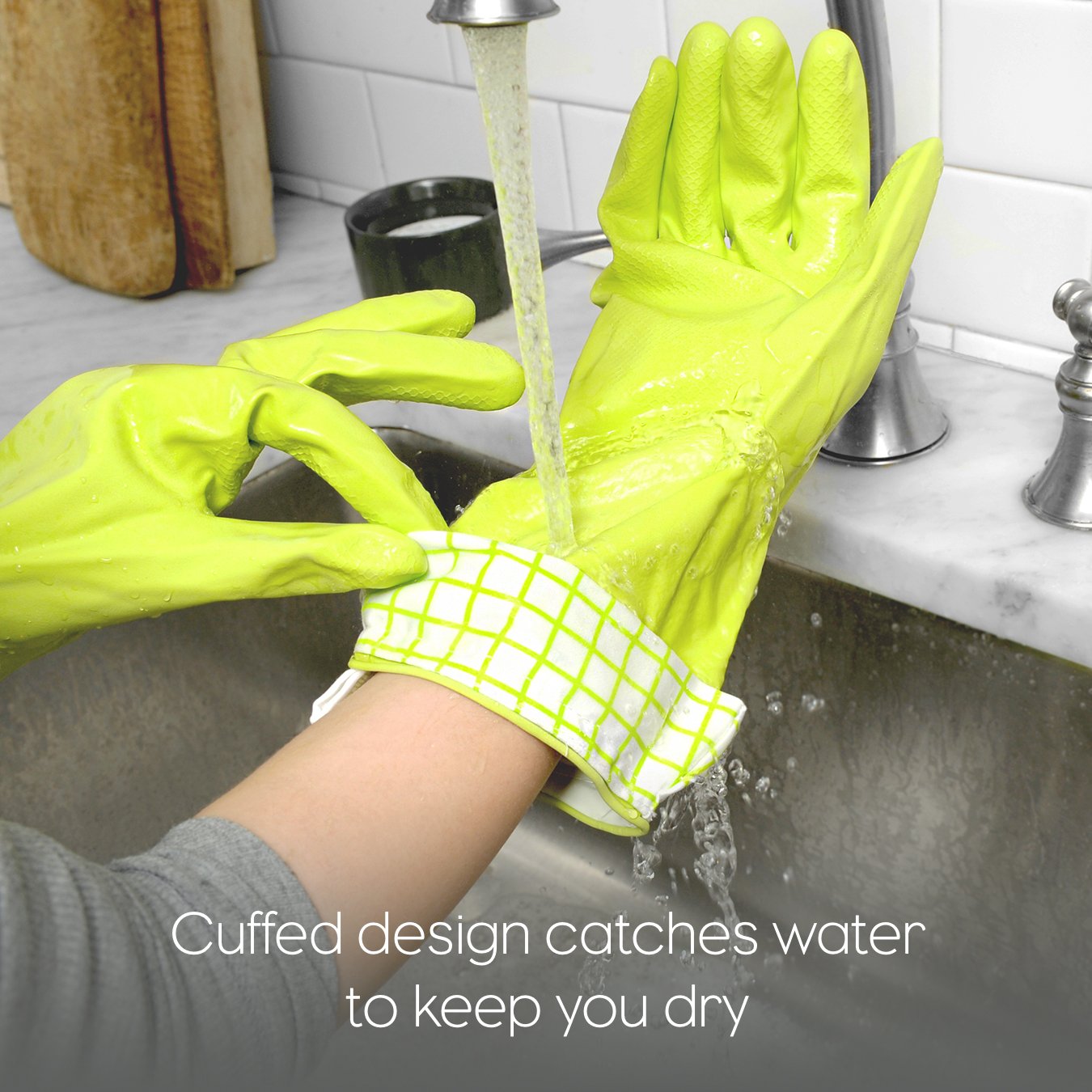 Full Circle Splash Patrol - Natural Latex Cleaning Dish Gloves, Stay-Dry Cotton Cuffs, Durable with Protective Lining, Small/Medium, (1 Pair) Grey