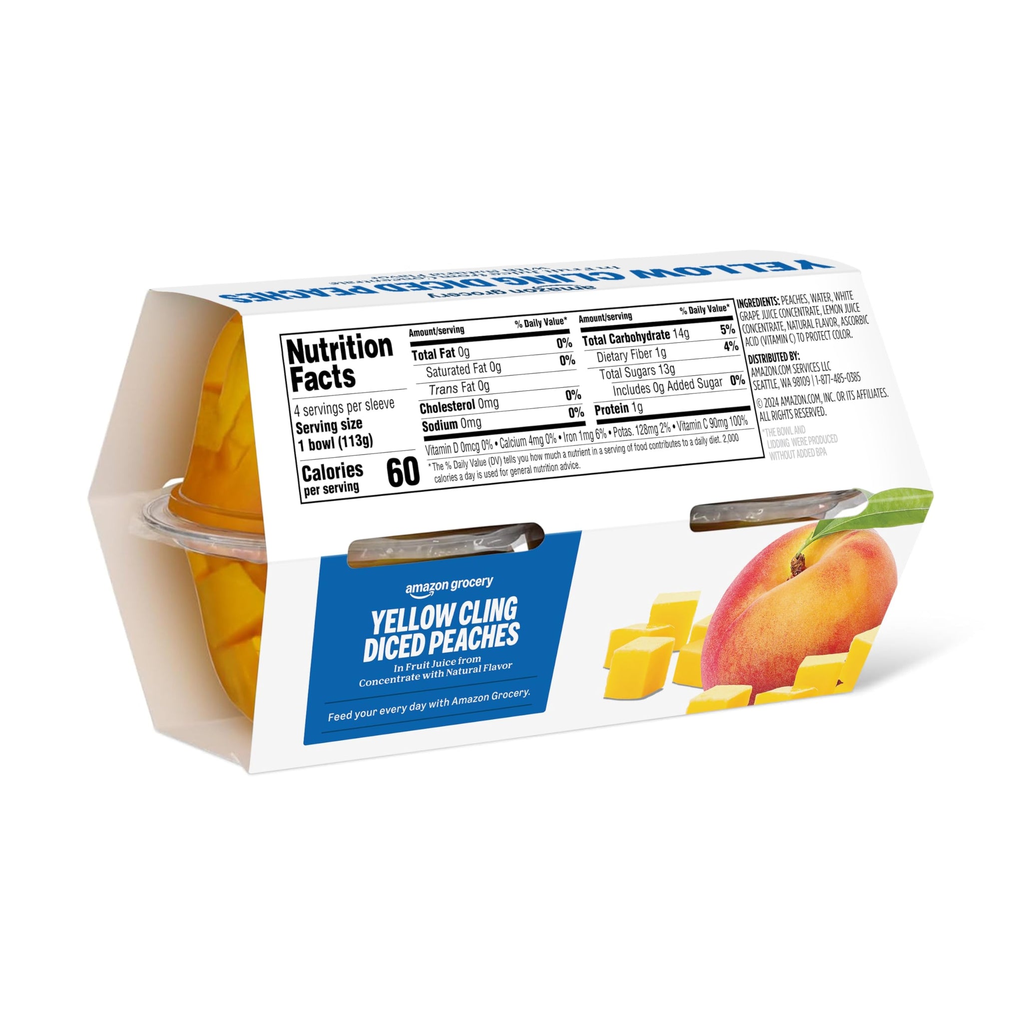 Amazon Fresh, Yellow Cling Diced Peaches in Fruit Juice, 4 Oz Bowls (Pack of 4) (Previously Happy Belly, Packaging May Vary)