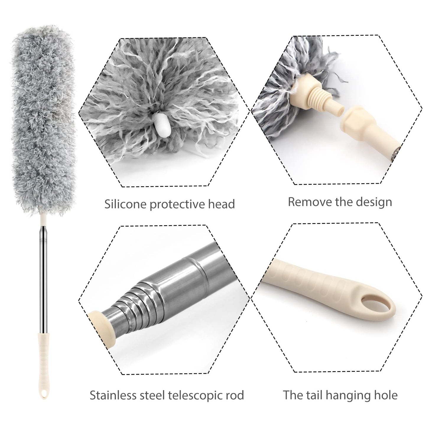 BLUEELF Microfiber Feather Dusters for Cleaning Tools with Extension Pole?Stainless Steel?,100’’ Extra Long Duster Ceiling Fan, Gap, Blinds