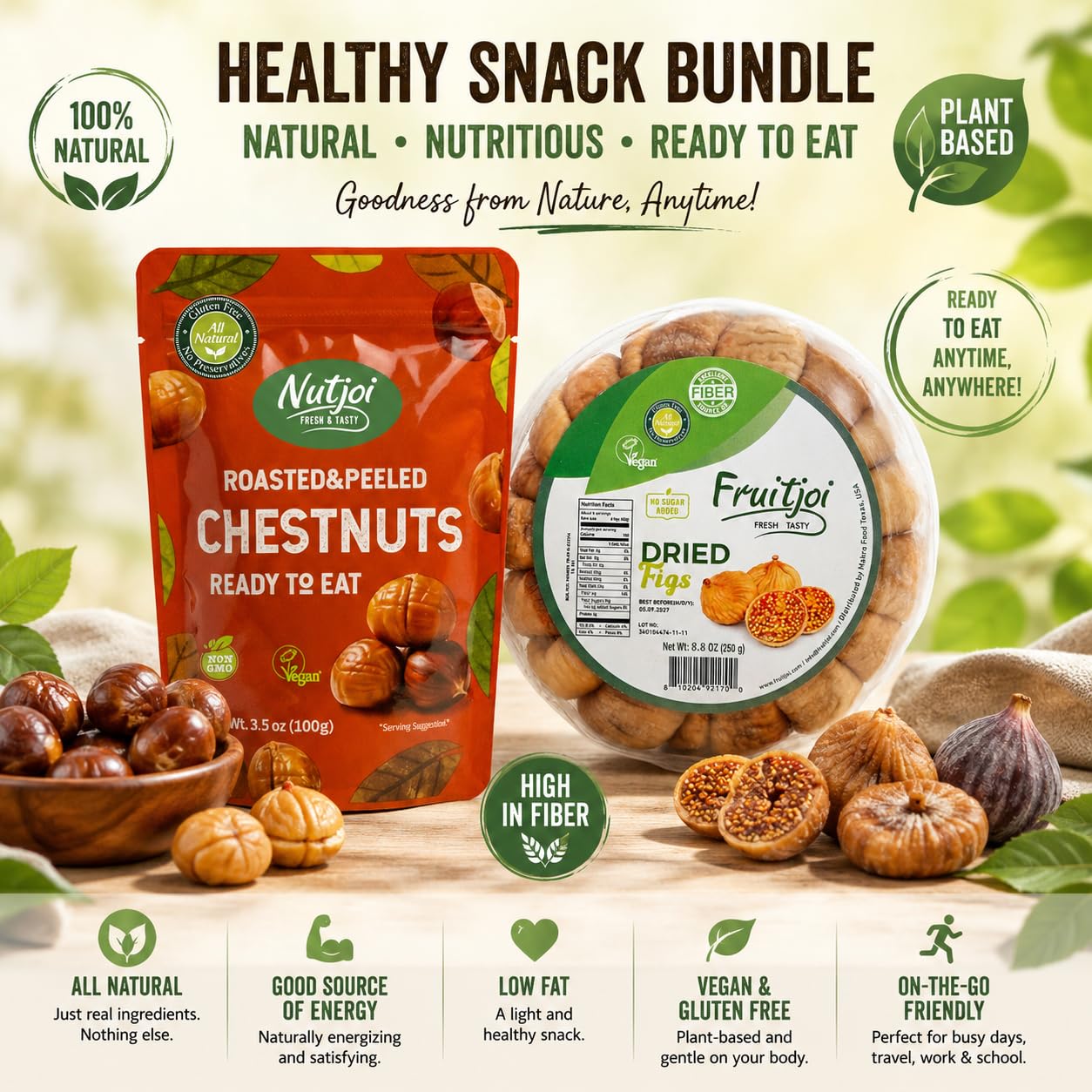 Roasted & Peeled Chestnuts and Dried Figs Bundle - Mediterranean Healthy Snack Variety Pack - 2 Packs Ready to Eat Chestnuts + 1 Pack Natural Dried