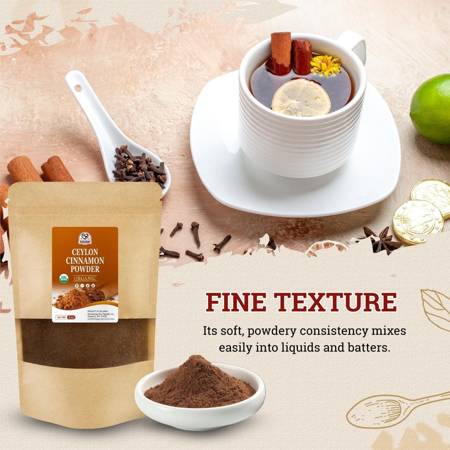 52USA Organic Ceylon Cinnamon Powder, 2oz | True Cinnamon from Sri Lanka, Non-GMO, Gluten-Free, Freshly Packed for Baking, Cooking & Beverages