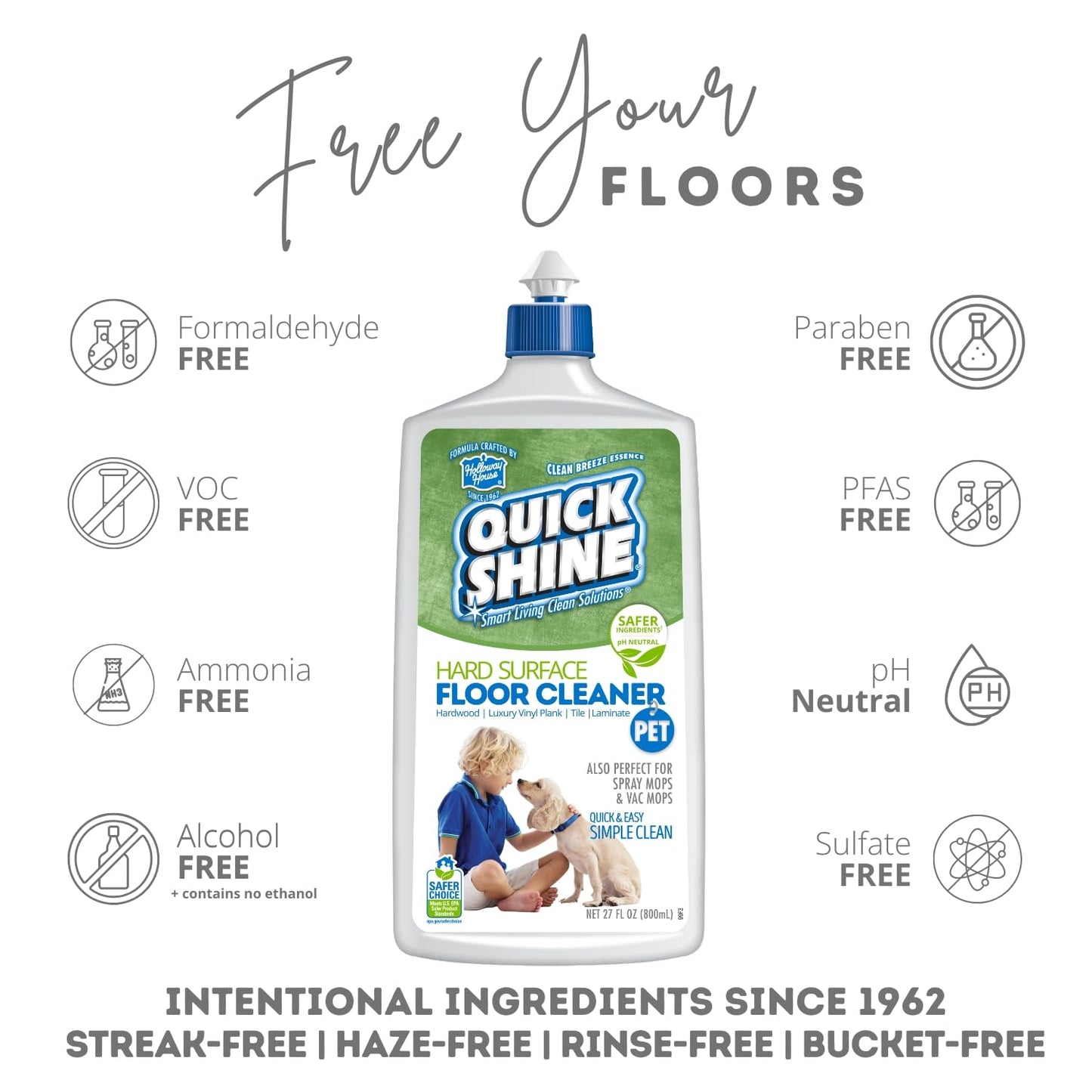 Quick Shine Hard Surface Pet Floor Cleaner 27 oz | Ready to Use, Removes Dirt, Streak Free, No Rinse | Hardwood, Laminate, Luxury Vinyl Plank LVT