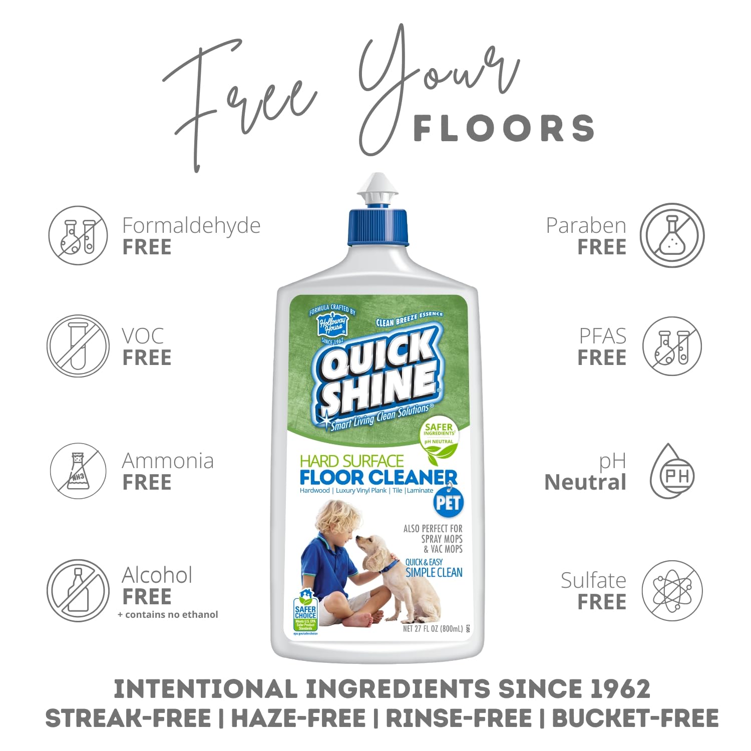 Quick Shine Hard Surface Pet Floor Cleaner 27 oz | Ready to Use, Removes Dirt, Streak Free, No Rinse | Hardwood, Laminate, Luxury Vinyl Plank LVT