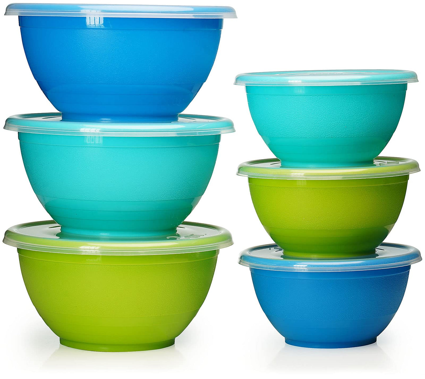 Stephanie Imports Made in USA 6-Piece Set of Prep & Store Plastic Bowls with Clear Lids (BPA-Free and Dishwasher Safe) - Blue, Teal and Green