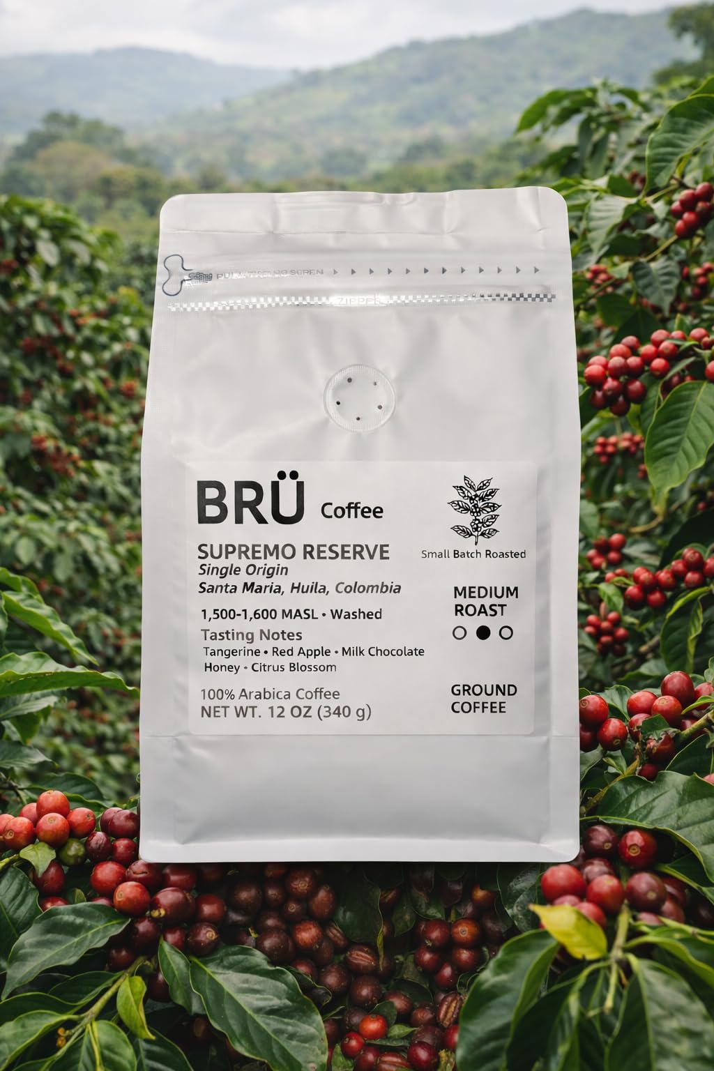 BRÜ Coffee Colombian Ground Coffee - Medium Roast - Single Origin - Huila High Elevation - 100% Arabica - Washed