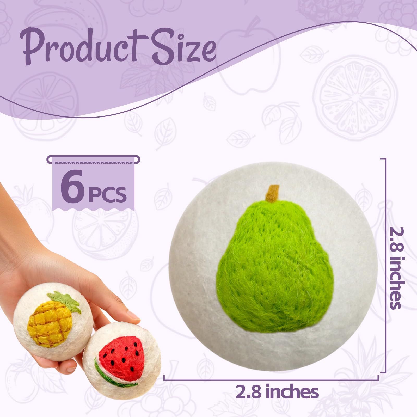 Uloryce Wool Dryer Balls XL 6 Pack, Reusable Laundry Dryer Balls with Cute Fruit Design, Reduce Drying Time, Soften Clothes, Anti Static, Eco Friendly