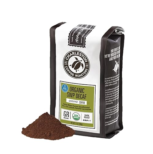 Charleston Coffee Roasters | Specialty Organic Ground Coffee | Hand Picked, Premium Slow Roast (SWP Decaf, Dark Roast) 12 Oz