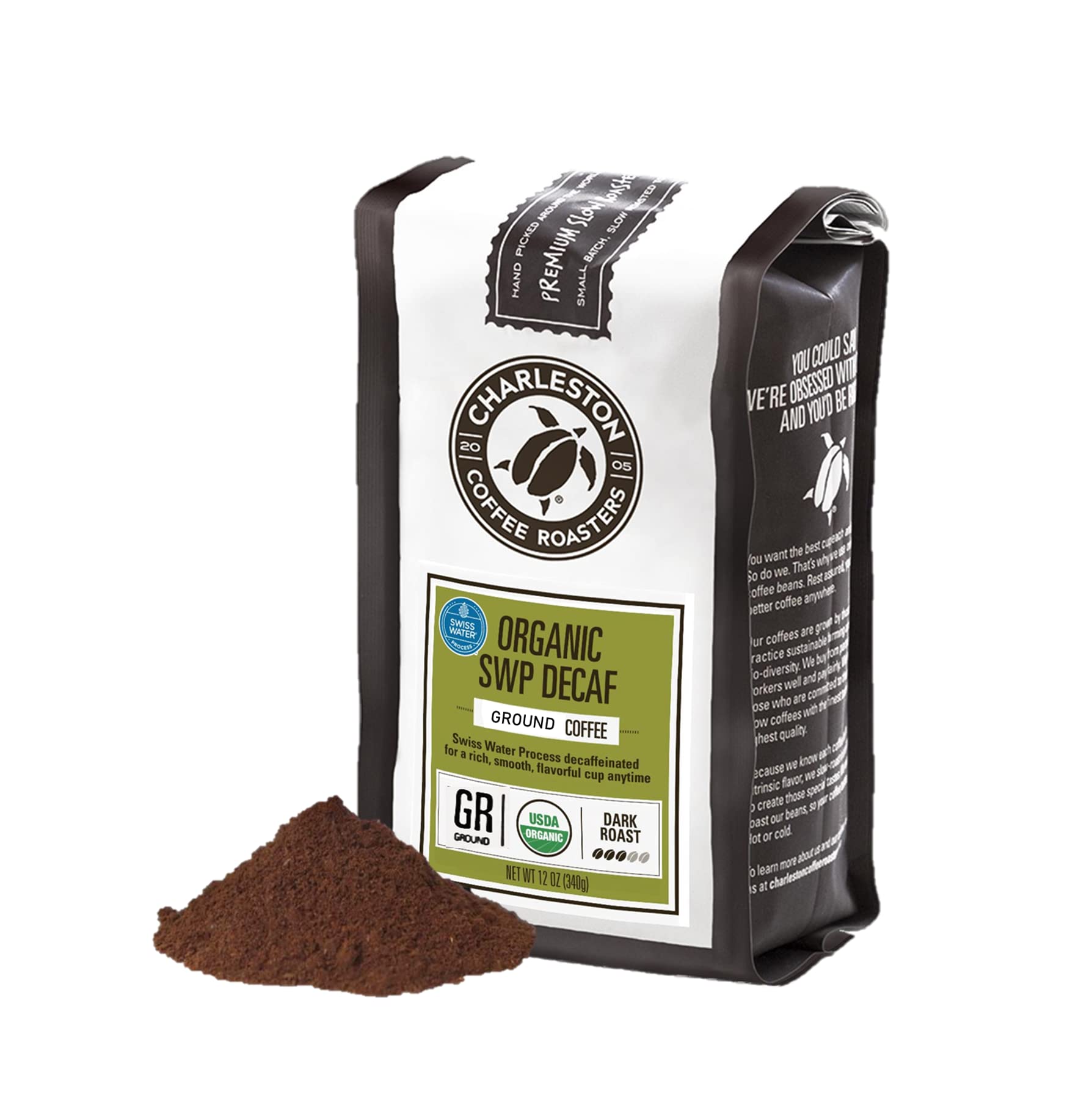 Charleston Coffee Roasters | Specialty Organic Ground Coffee | Hand Picked, Premium Slow Roast (SWP Decaf, Dark Roast) 12 Oz