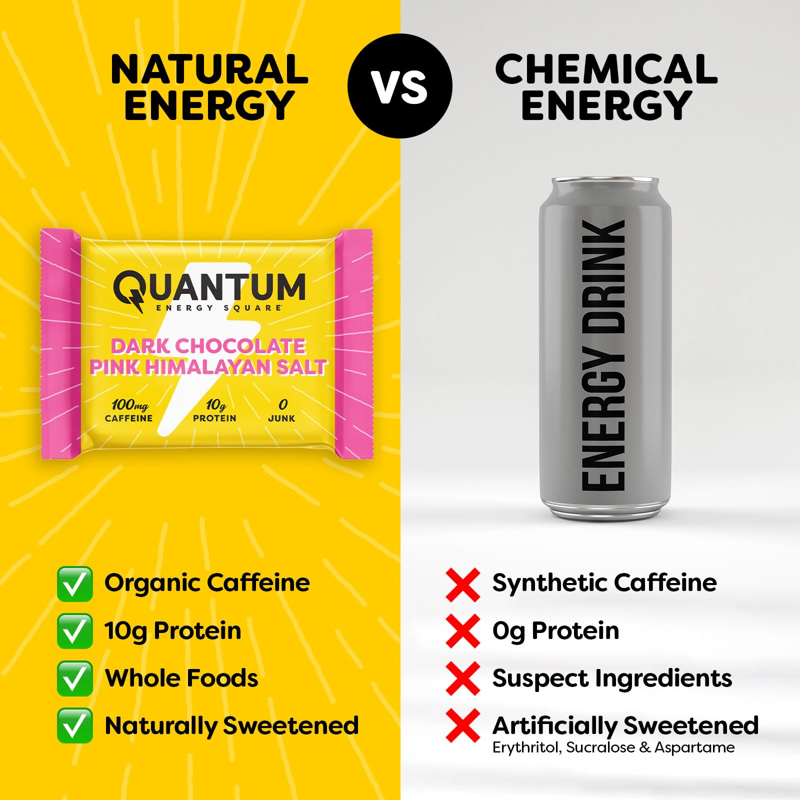 Quantum Energy Square: Energy Bar with Caffeine & 10g Protein. Delicious Healthy Snack On The Go. (Vegan, Gluten-free, Soy-free, Dairy-free) (Variety