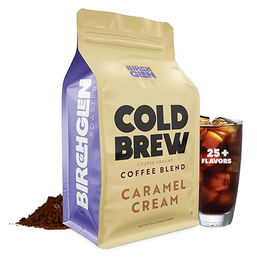 Birch Glen Roasters Cold Brew Coffee | Flavored Coarse Ground Coffee | Artisanal Roasting | Medium Roast |100% Arabica |1 LB Bag | Caramel Cream