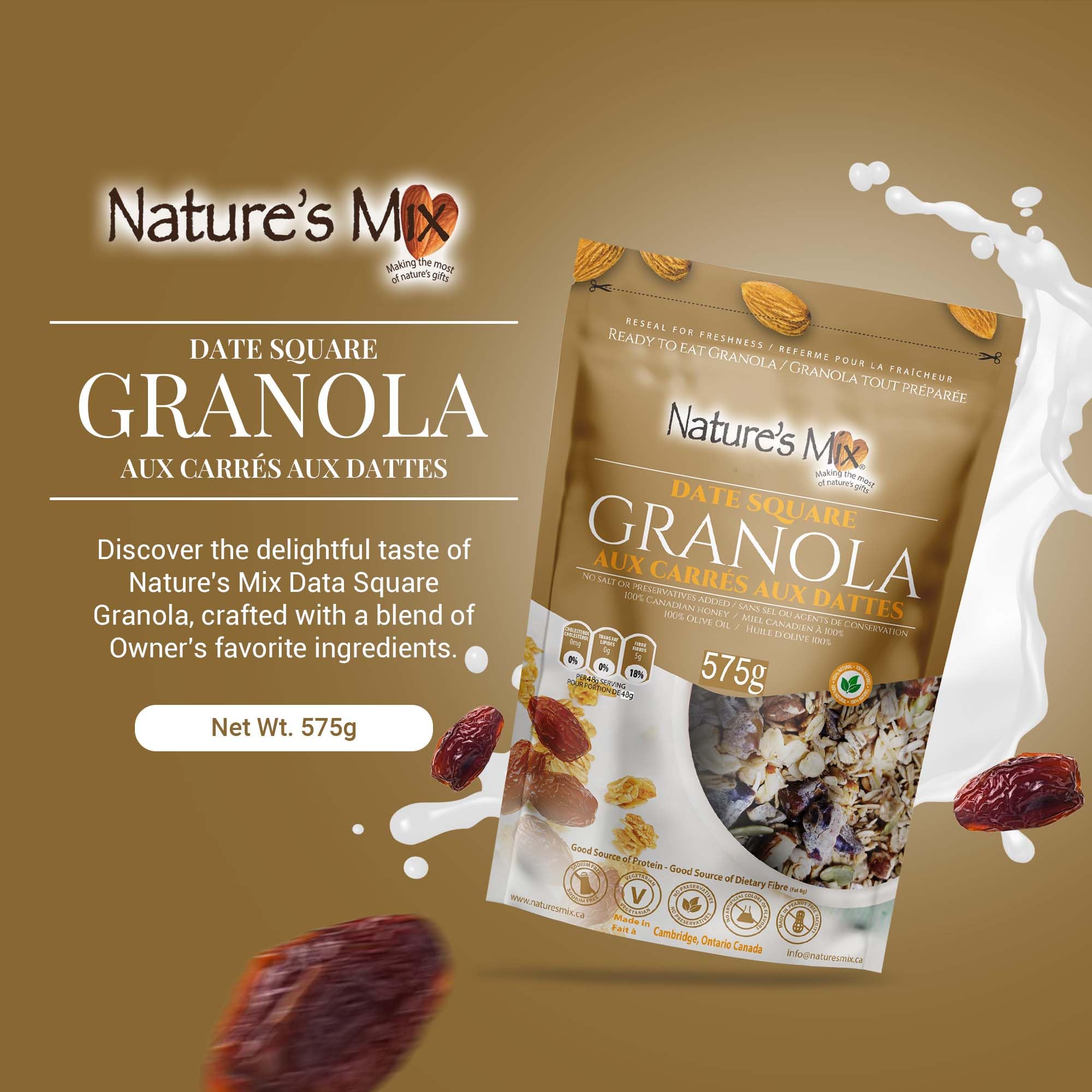Nature's Mix - Date Square Granola - Oats, Almonds, Dates, Apple and Coconut - Sweetened with Honey - No Sugar, Salt, or Preservatives - Large