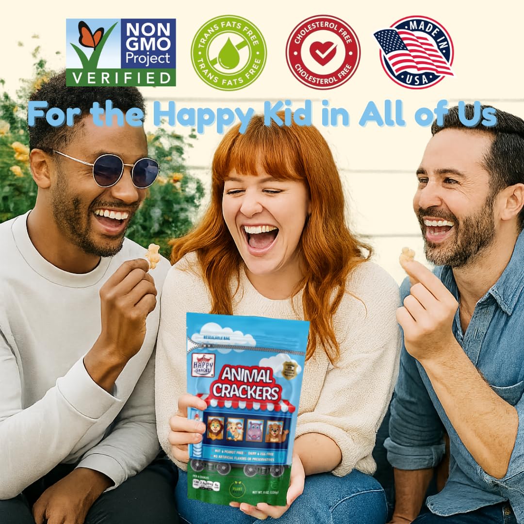 Happy Snacks Animal Crackers - Non-GMO, (Vegan) Plant Based, Nut & Peanut Free, Fortified with Essential Vitamins & Minerals, No Artificial
