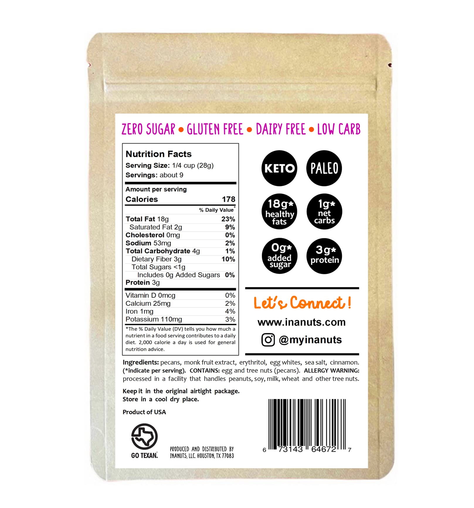 InaNuts Candied Pecans, NO Added Sugar, Gluten Free, Dairy Free, Keto & Paleo Friendly, Low Carb Healthy Super Nut, 8oz Bag