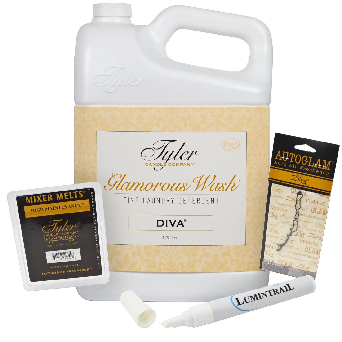 Tyler Candle Glamorous Wash Laundry Detergent, Diva Bundle with Tyler Candle Mixer Melts, Autoglam Freshener, and Degreaser Pen (1 Gallon)