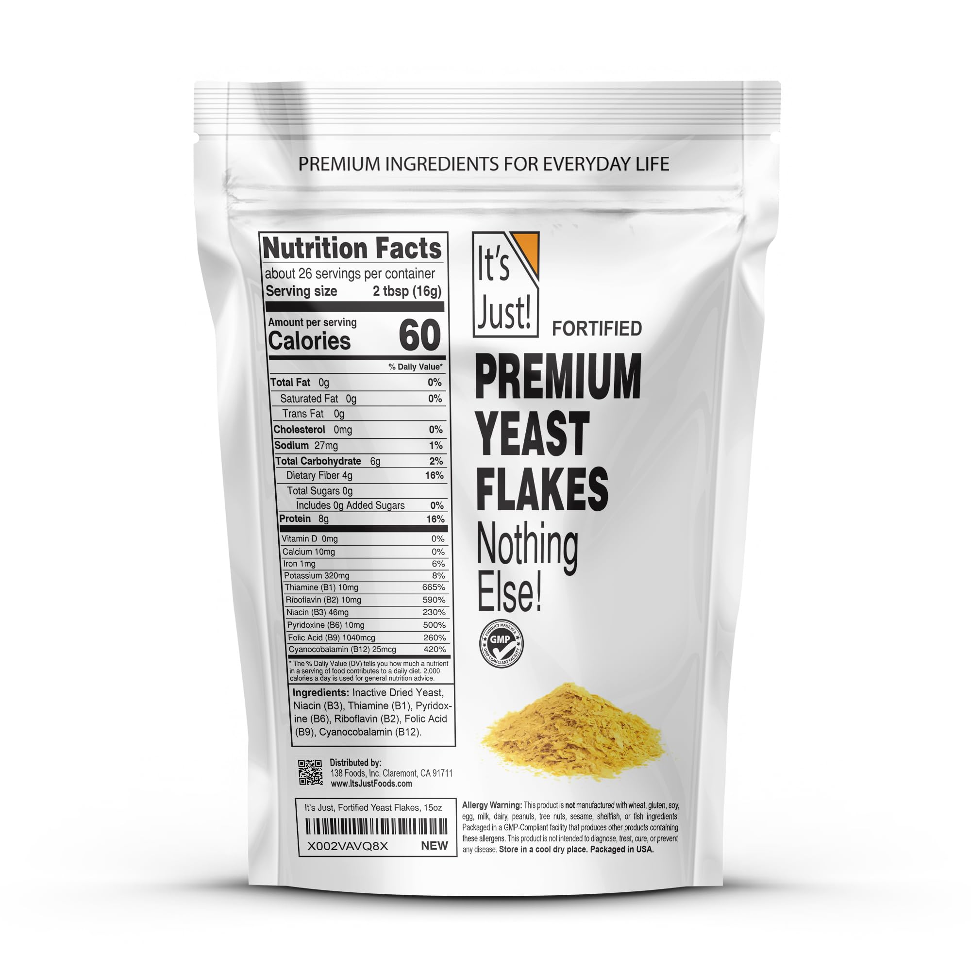 It's Just - Yeast Flakes, Nutritional Yeast, Premium Fortified, Nooch, Vegan Cheese Substitute (15oz Ounces)