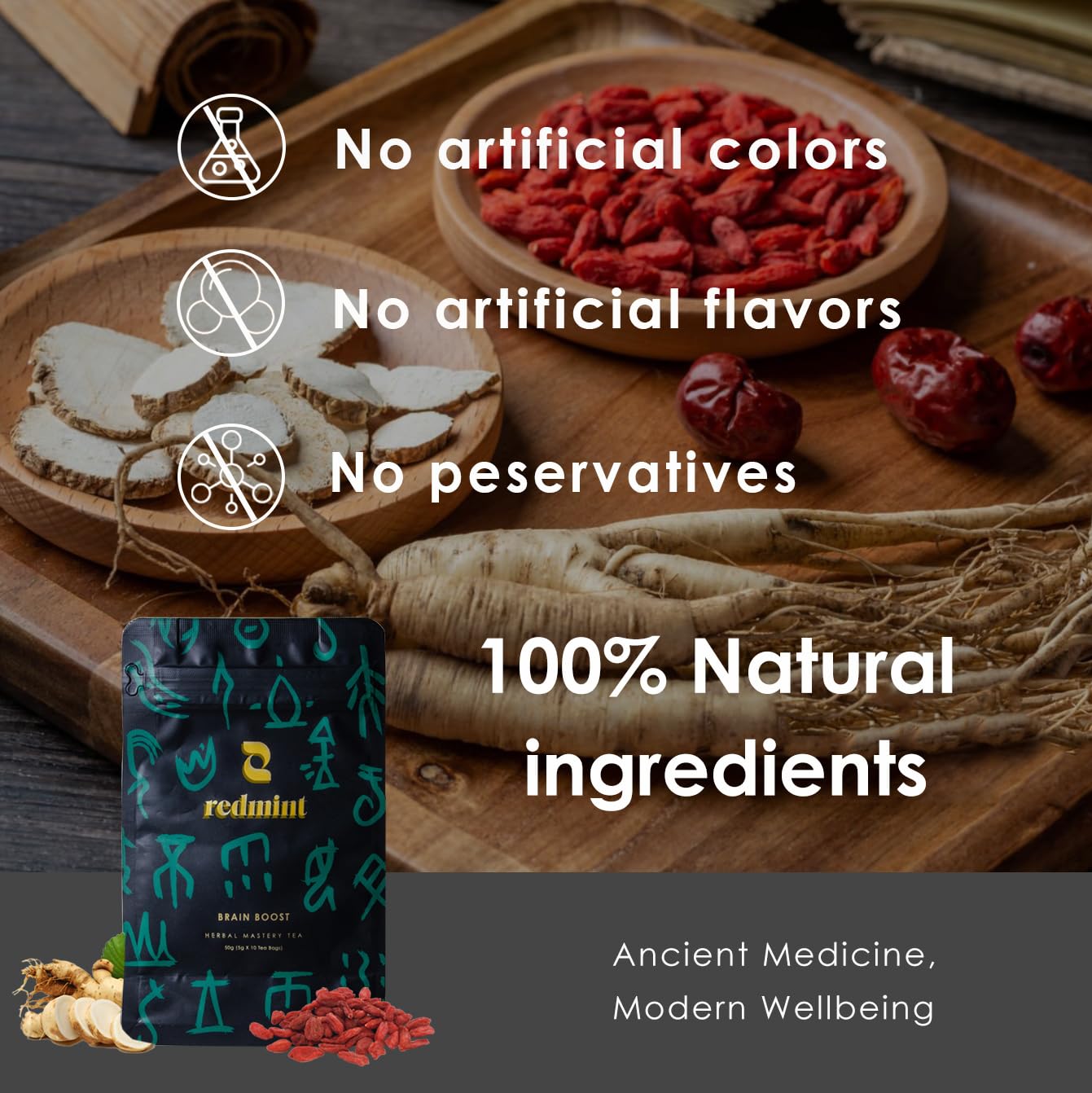 Redmint Herbal Tea Mastery - Brain Boost, Five Treasures Tea for Focus and Energy, Natural Ginseng and Mulberry Chinese Herbal Tea with Goji Berry