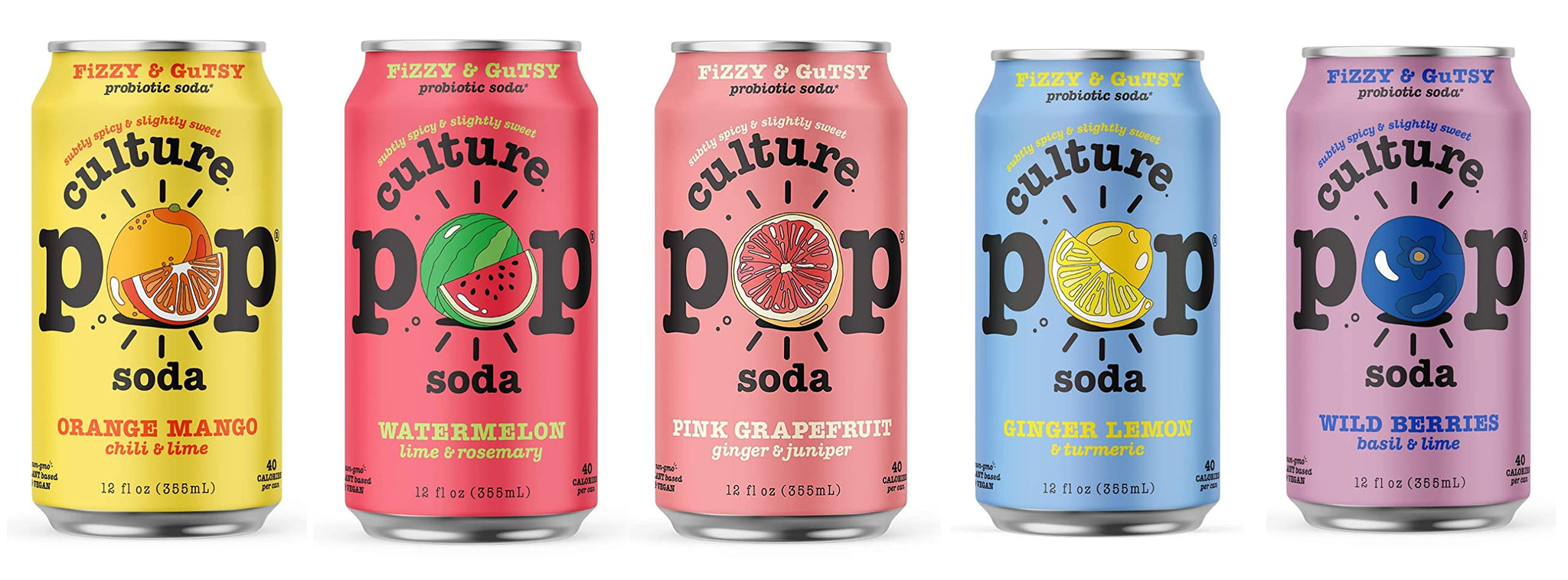 Culture Pop Sparkling Probiotic Soda 5 Flavor Variety Pack 40 Calories per can, Vegan, Non-GMO | 12 Fl Oz Cans Pack of 10