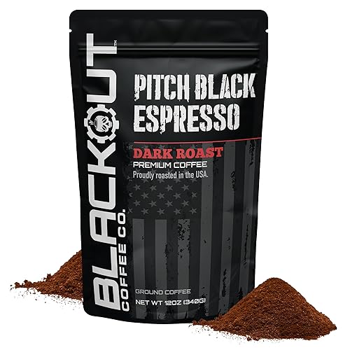 Blackout Coffee Pitch Black Espresso Ground Coffee - Extra Dark Roast, European-Style, Bold & Aromatic - Freshly Roasted 12oz Bag.