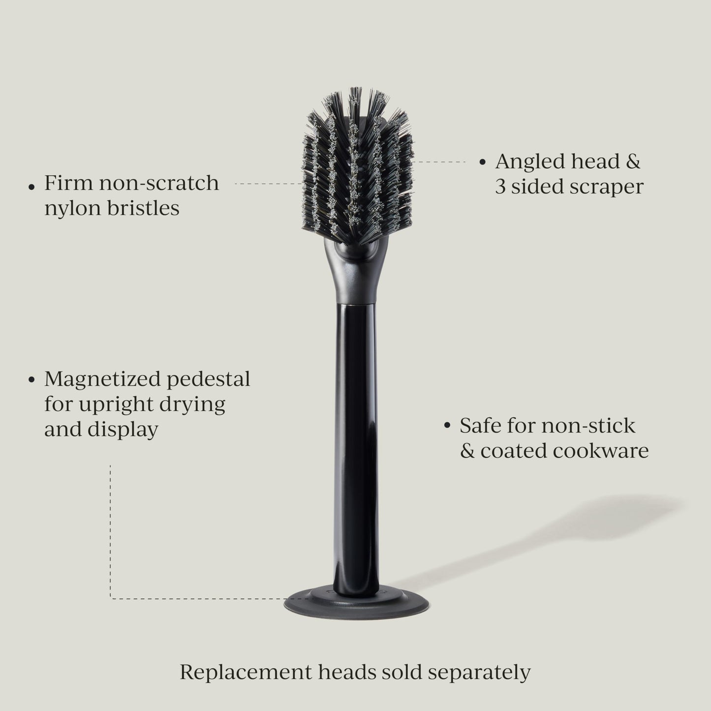 Curio Home Goods Ionic Dish Brush, Magnetized to Stand Upright, Stainless Steel with Replaceable Head, Onyx/Black
