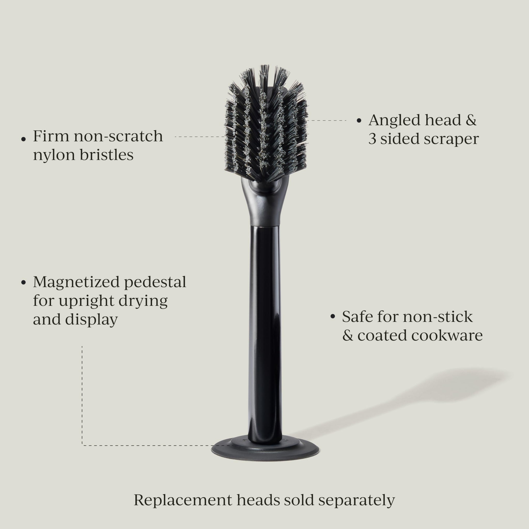 Curio Home Goods Ionic Dish Brush, Magnetized to Stand Upright, Stainless Steel with Replaceable Head, Onyx/Black